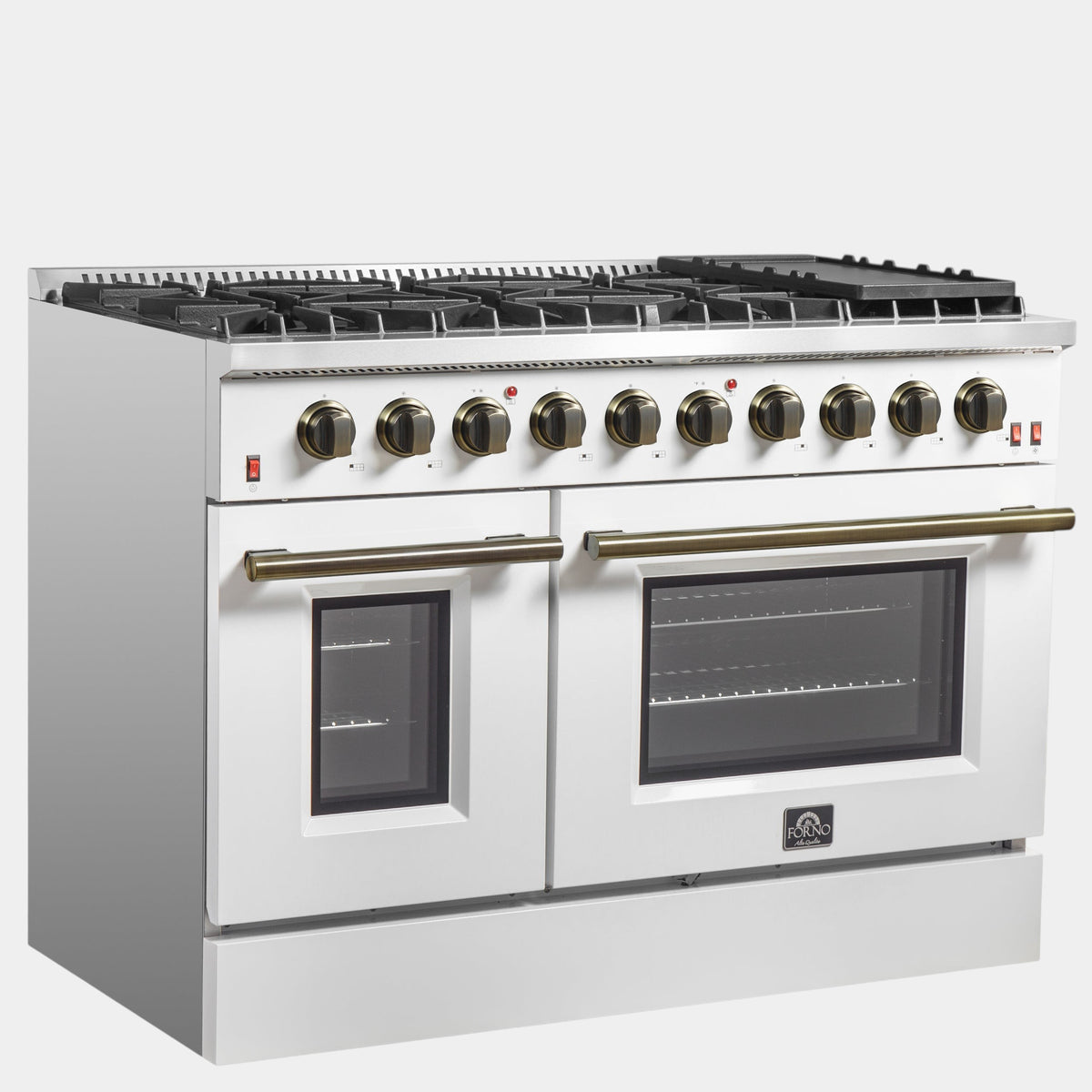 Forno Galiano 48 in. 6.58 cu. ft. 8-Burner White Gas Range with Antique Brass Accents| FFSGS6244-48WHT
