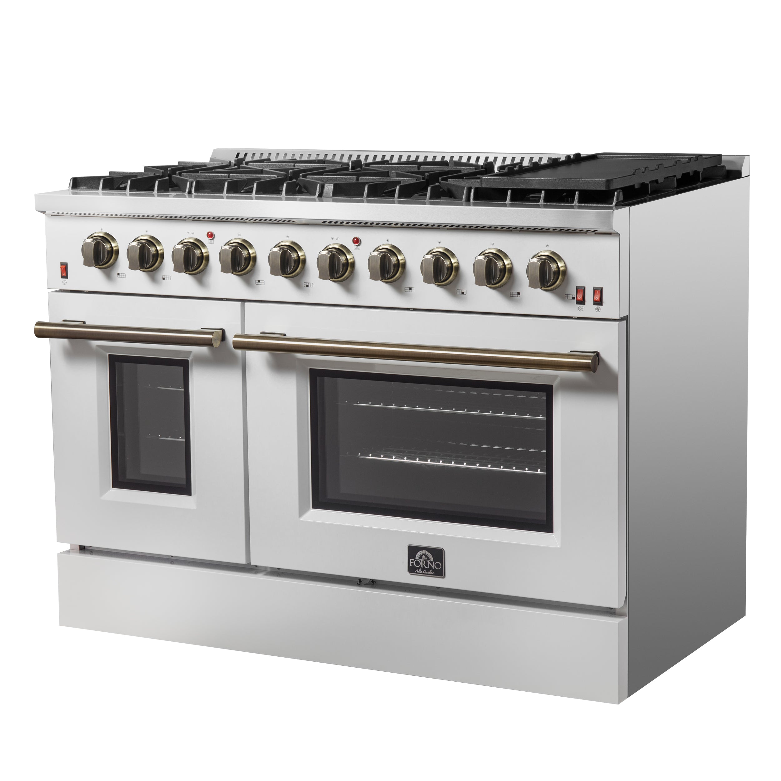 Forno Galiano 48 in. 6.58 cu. ft. 8-Burner White Gas Range with Antique Brass Accents| FFSGS6244-48WHT