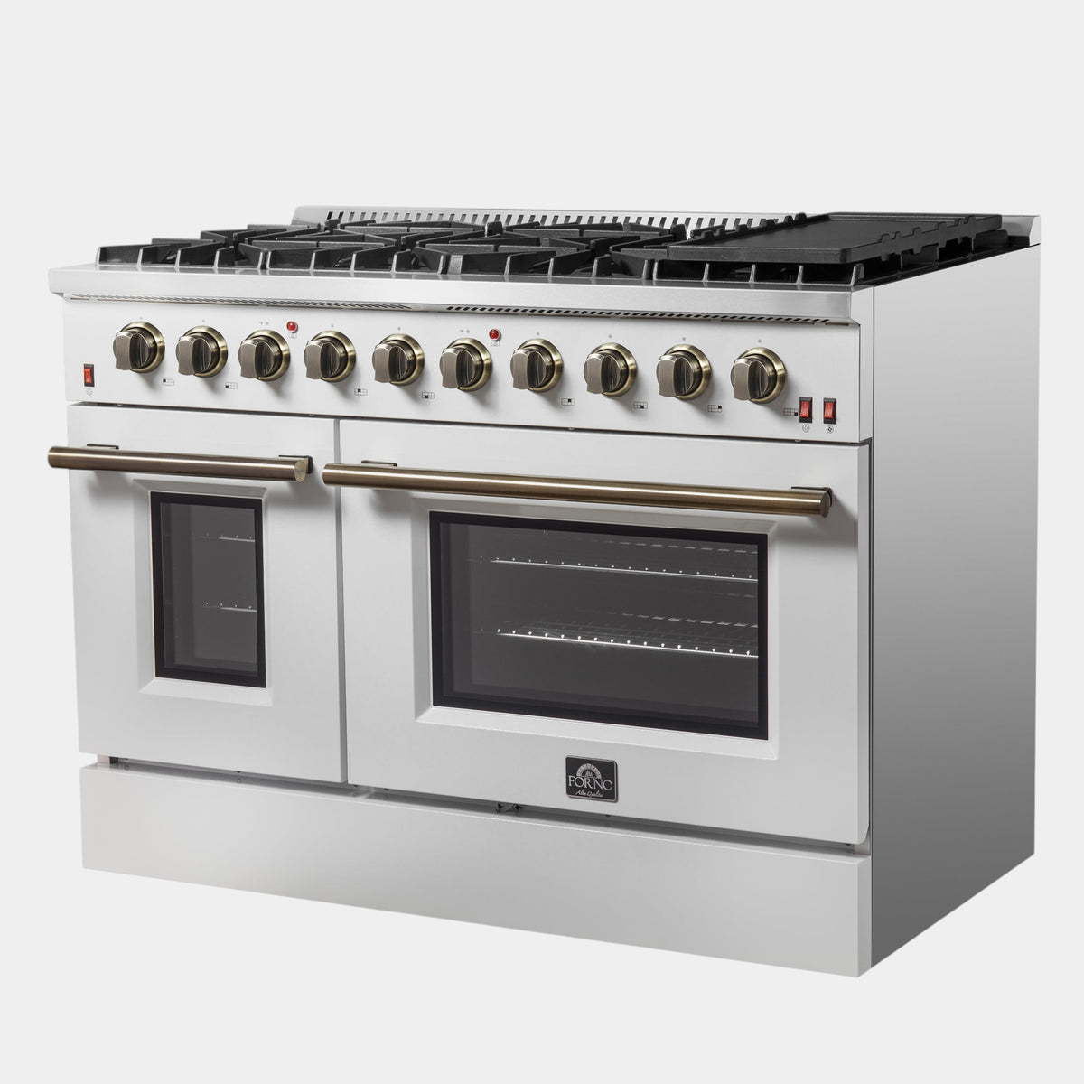 Forno Galiano 48 in. 6.58 cu. ft. 8-Burner White Gas Range with Antique Brass Accents| FFSGS6244-48WHT