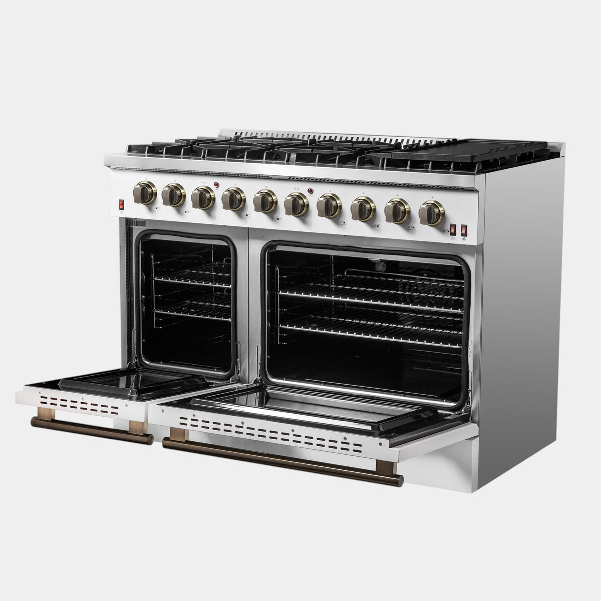 Forno Galiano 48 in. 6.58 cu. ft. 8-Burner White Gas Range with Antique Brass Accents| FFSGS6244-48WHT