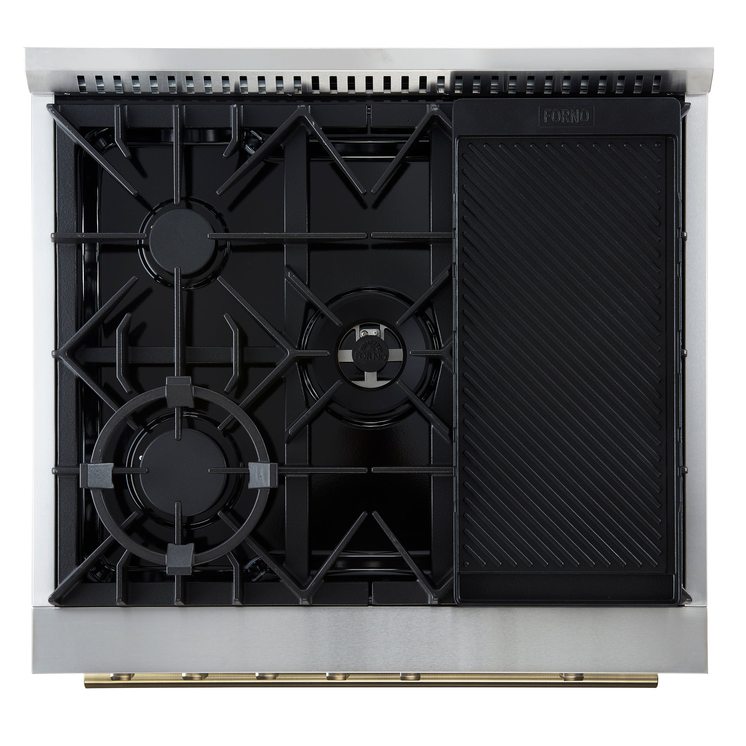 Forno Giovanni 30 in. 4.32 cu.ft. Black Gas Range with Antique Brass Accents, Griddle, and Air Fry | FFSGS6274-30BLK