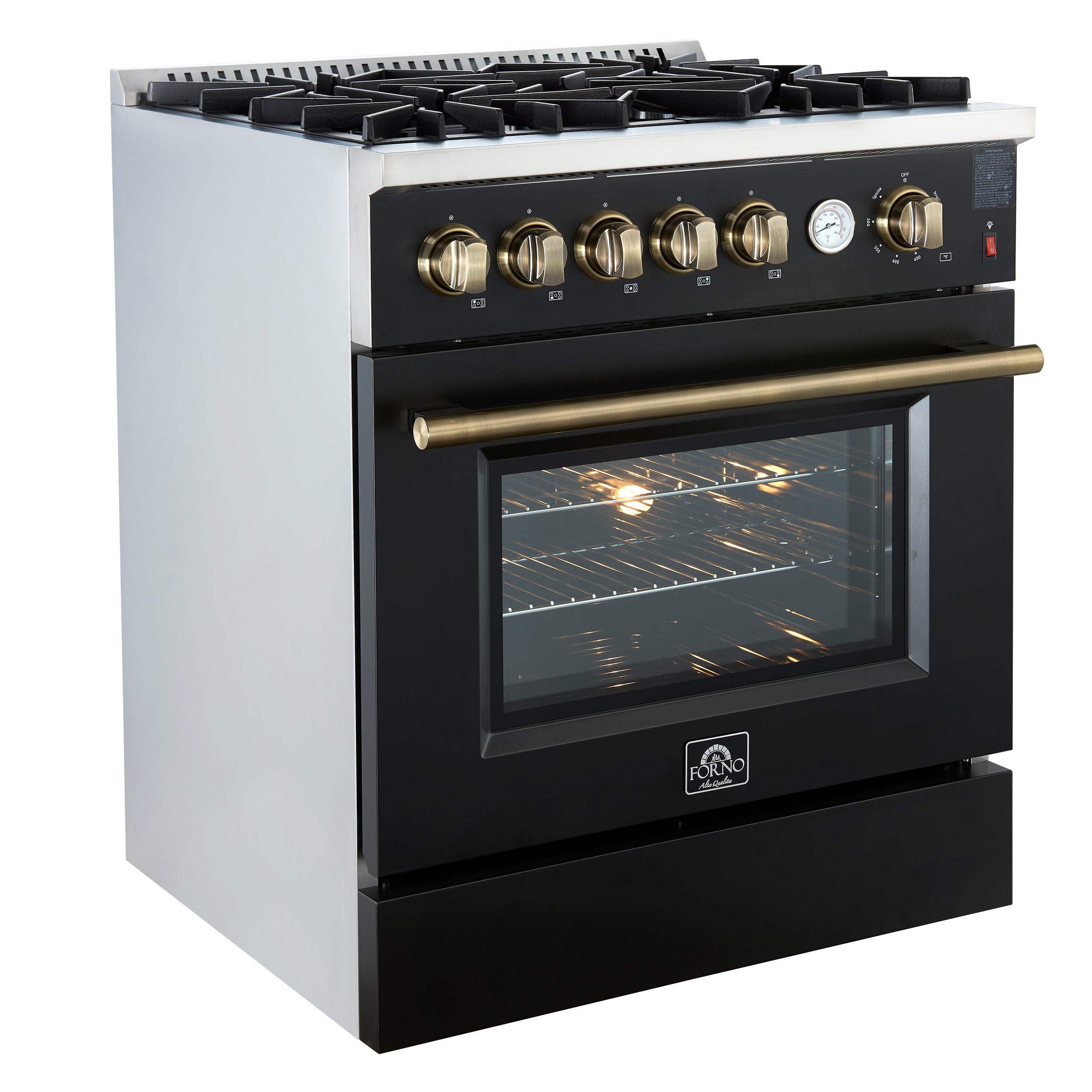 Forno Giovanni 30 in. 4.32 cu.ft. Black Gas Range with Antique Brass Accents, Griddle, and Air Fry | FFSGS6274-30BLK