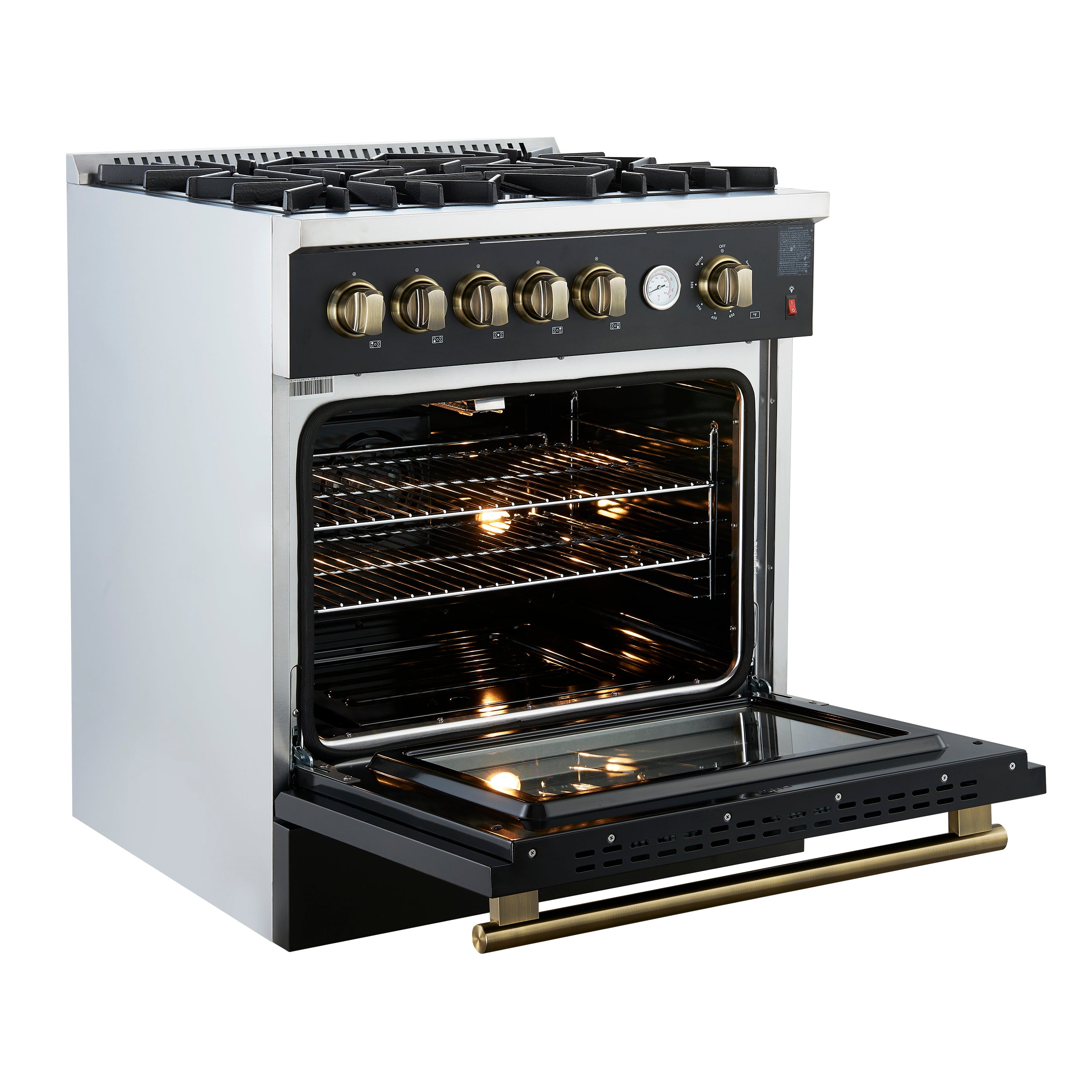 Forno Giovanni 30 in. 4.32 cu.ft. Black Gas Range with Antique Brass Accents, Griddle, and Air Fry | FFSGS6274-30BLK
