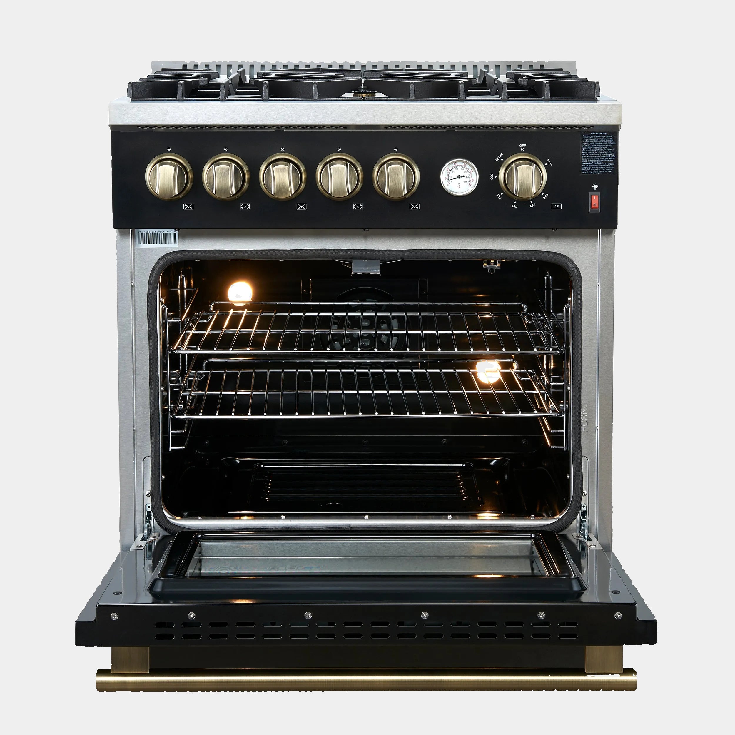 Forno Giovanni 30 in. 4.32 cu.ft. Black Gas Range with Antique Brass Accents, Griddle, and Air Fry | FFSGS6274-30BLK