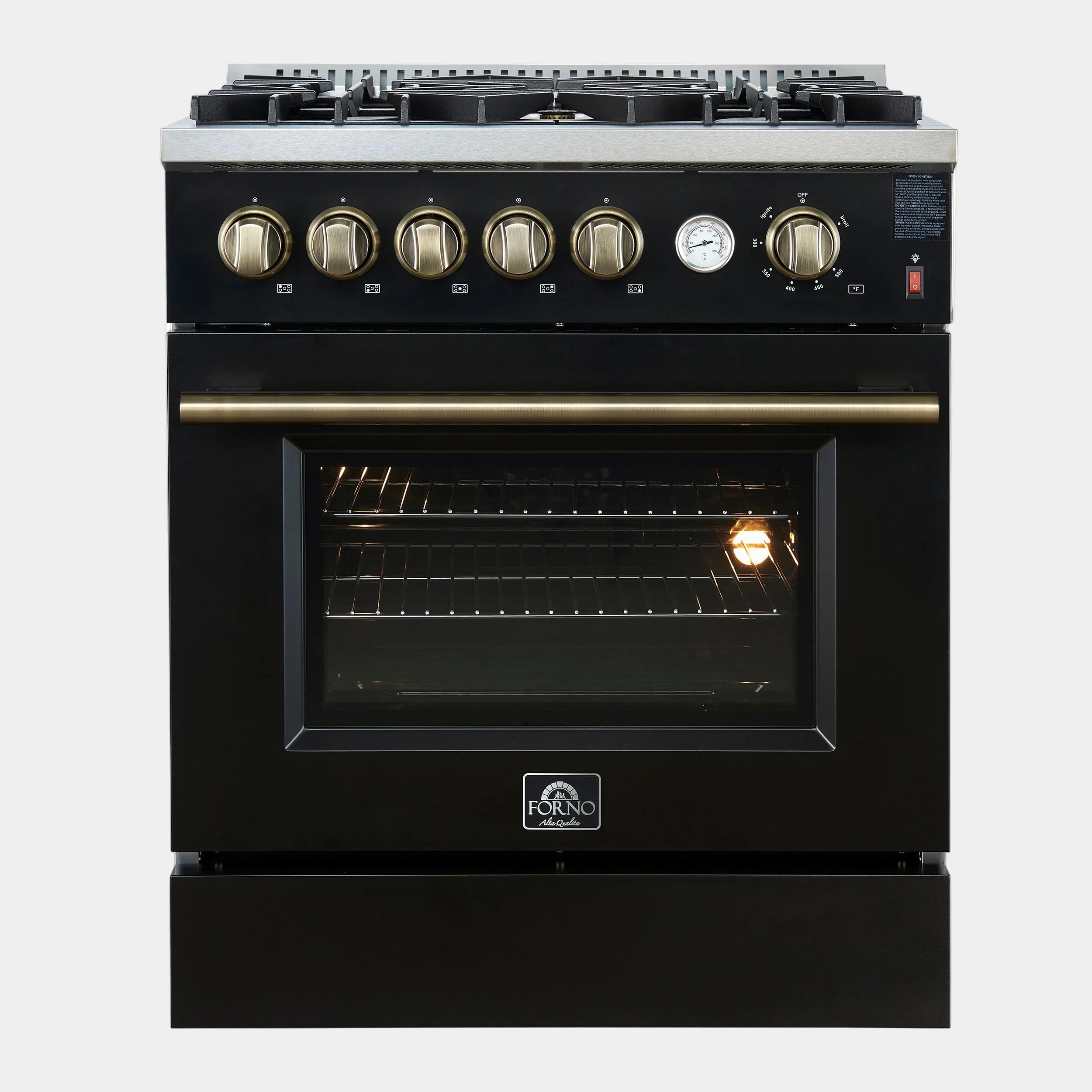 Forno Giovanni 30 in. 4.32 cu.ft. Black Gas Range with Antique Brass Accents, Griddle, and Air Fry | FFSGS6274-30BLK