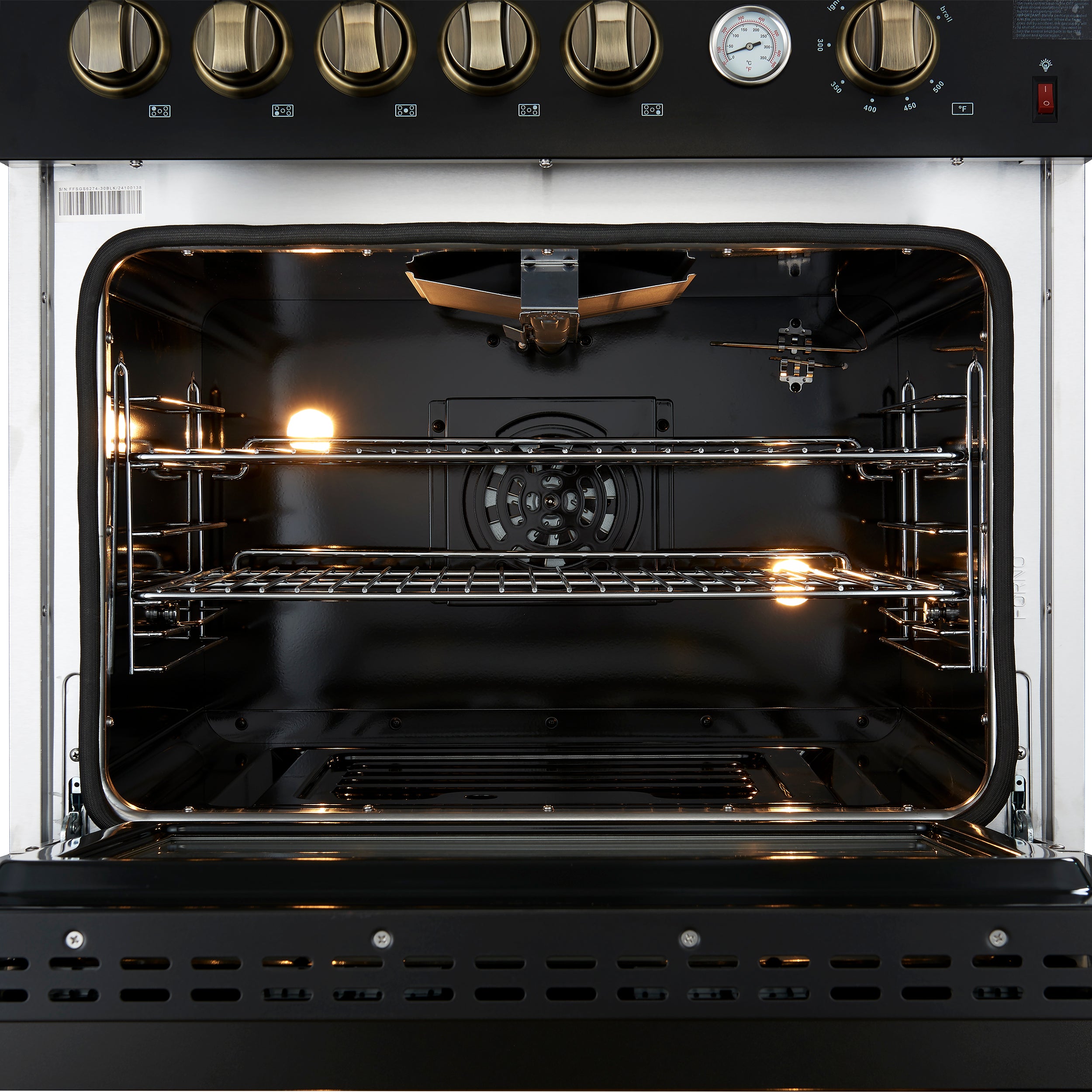 Forno Giovanni 30 in. 4.32 cu.ft. Black Gas Range with Antique Brass Accents, Griddle, and Air Fry | FFSGS6274-30BLK