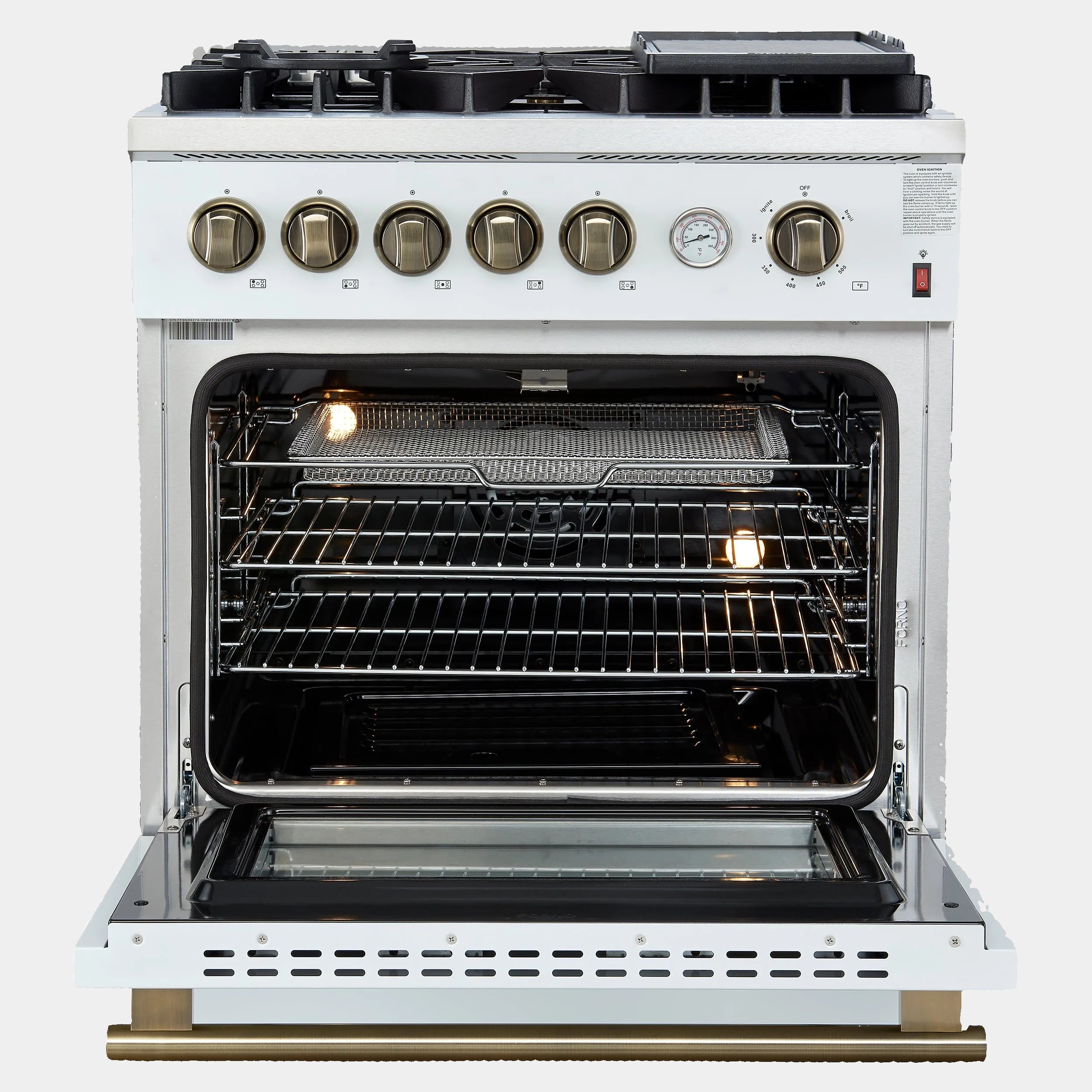 Forno Giovanni 30 in. 4.32 cu.ft. White Gas Range with Antique Brass Accents, Griddle, and Air Fry | FFSGS6274-30WHT