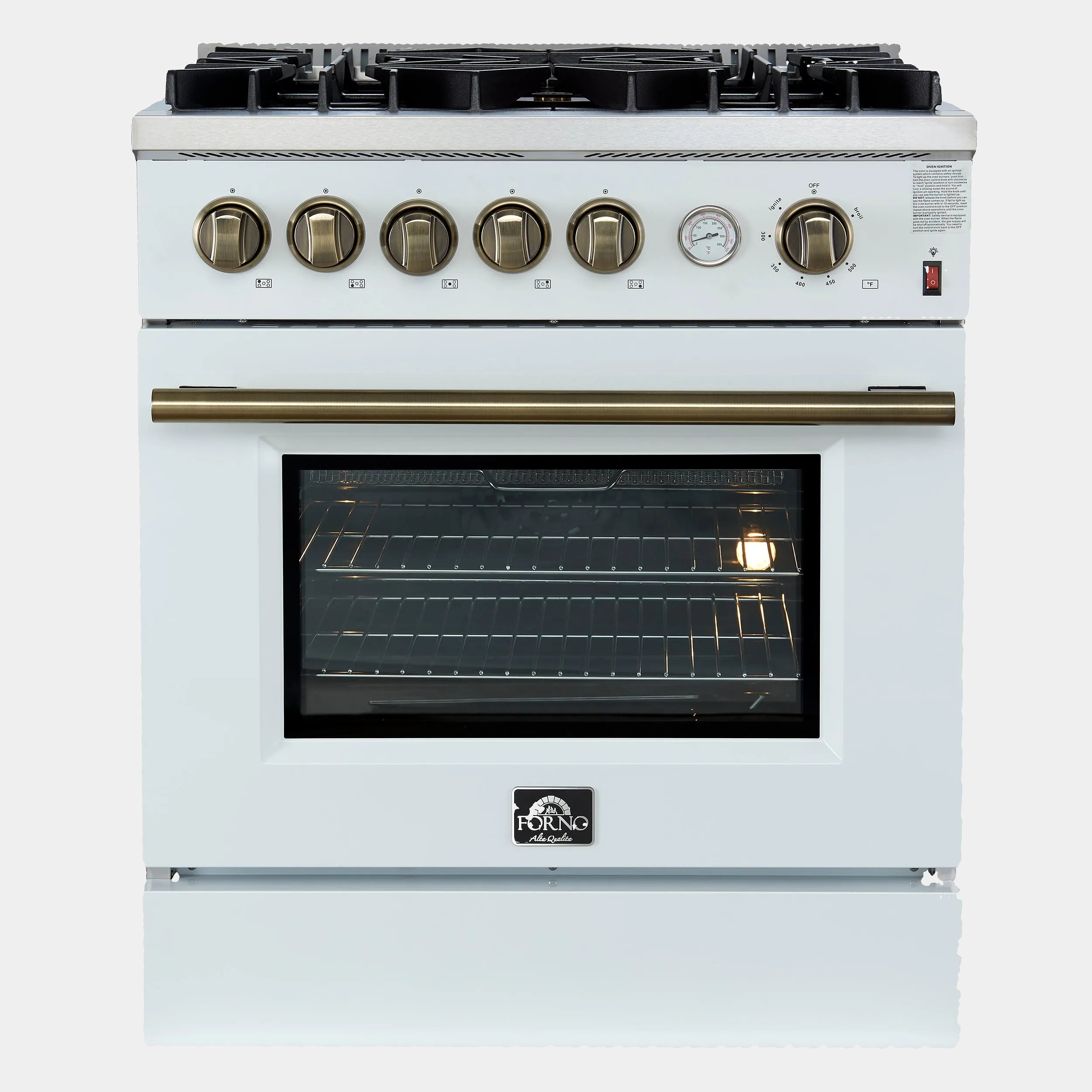 Forno Giovanni 30 in. 4.32 cu.ft. White Gas Range with Antique Brass Accents, Griddle, and Air Fry | FFSGS6274-30WHT