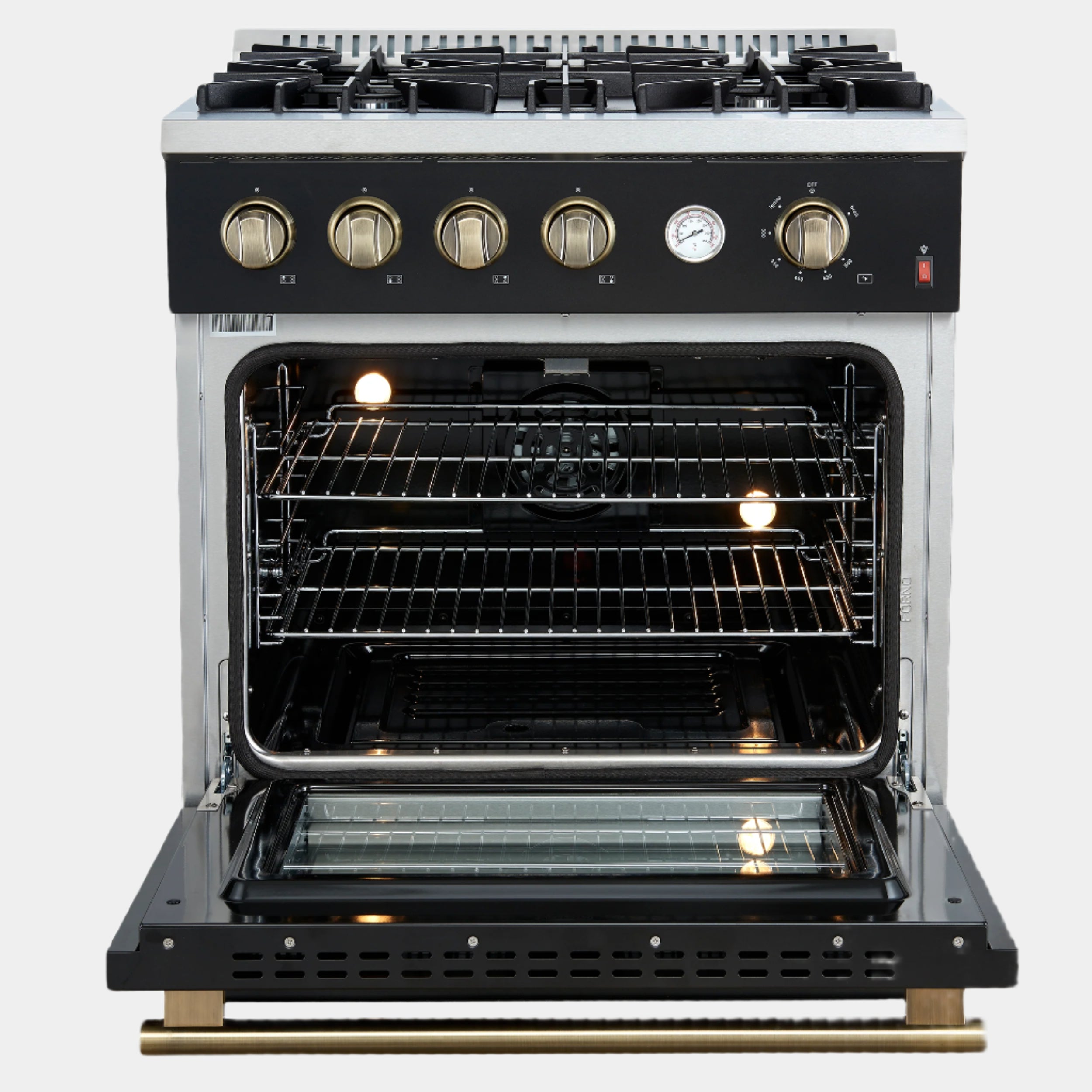 Marco 30-inch Gas Range Black & Antique Brass Design, 4 Burners 37,000 BTU, 4.32 cu.ft. Convection Oven