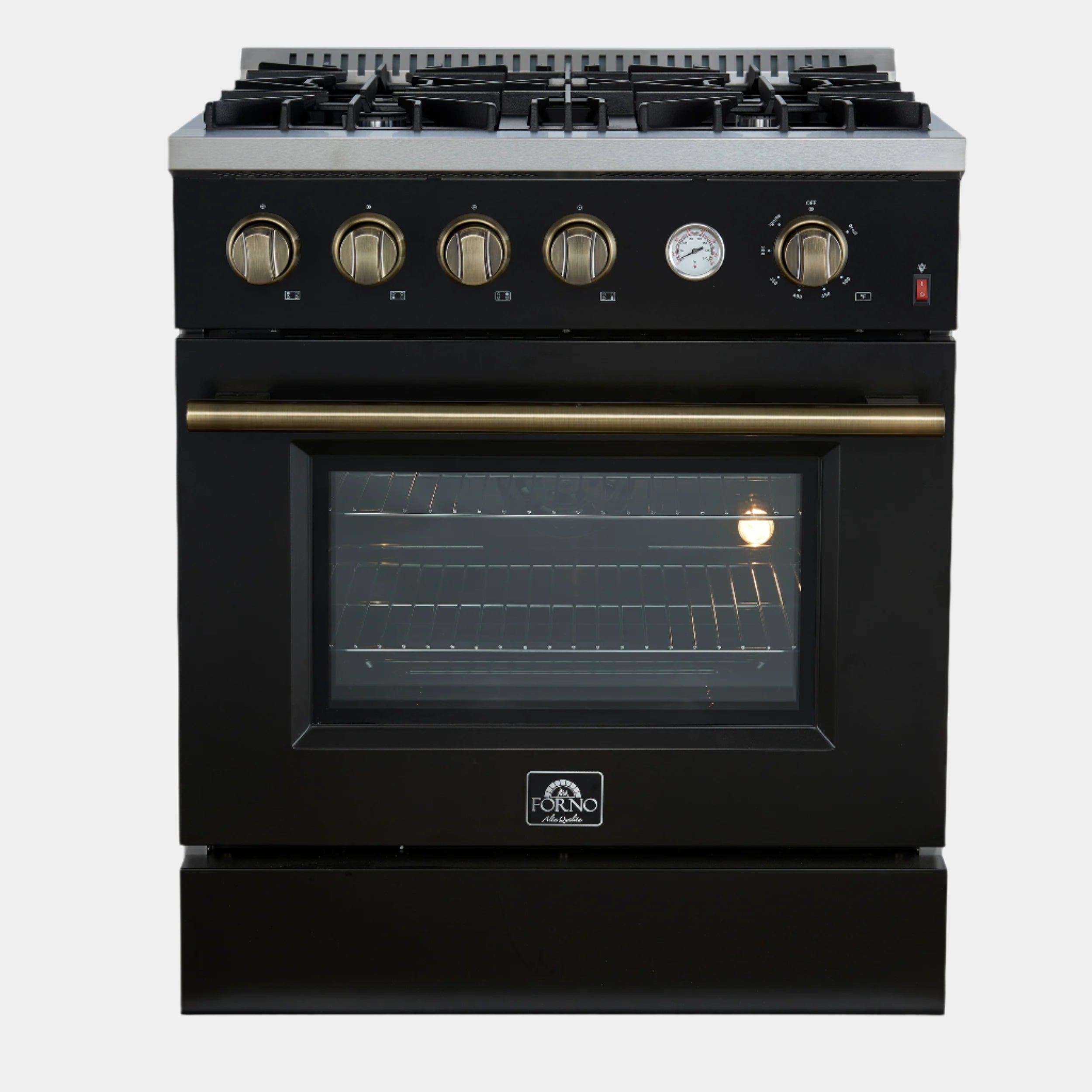 Marco 30-inch Gas Range Black & Antique Brass Design, 4 Burners 37,000 BTU, 4.32 cu.ft. Convection Oven
