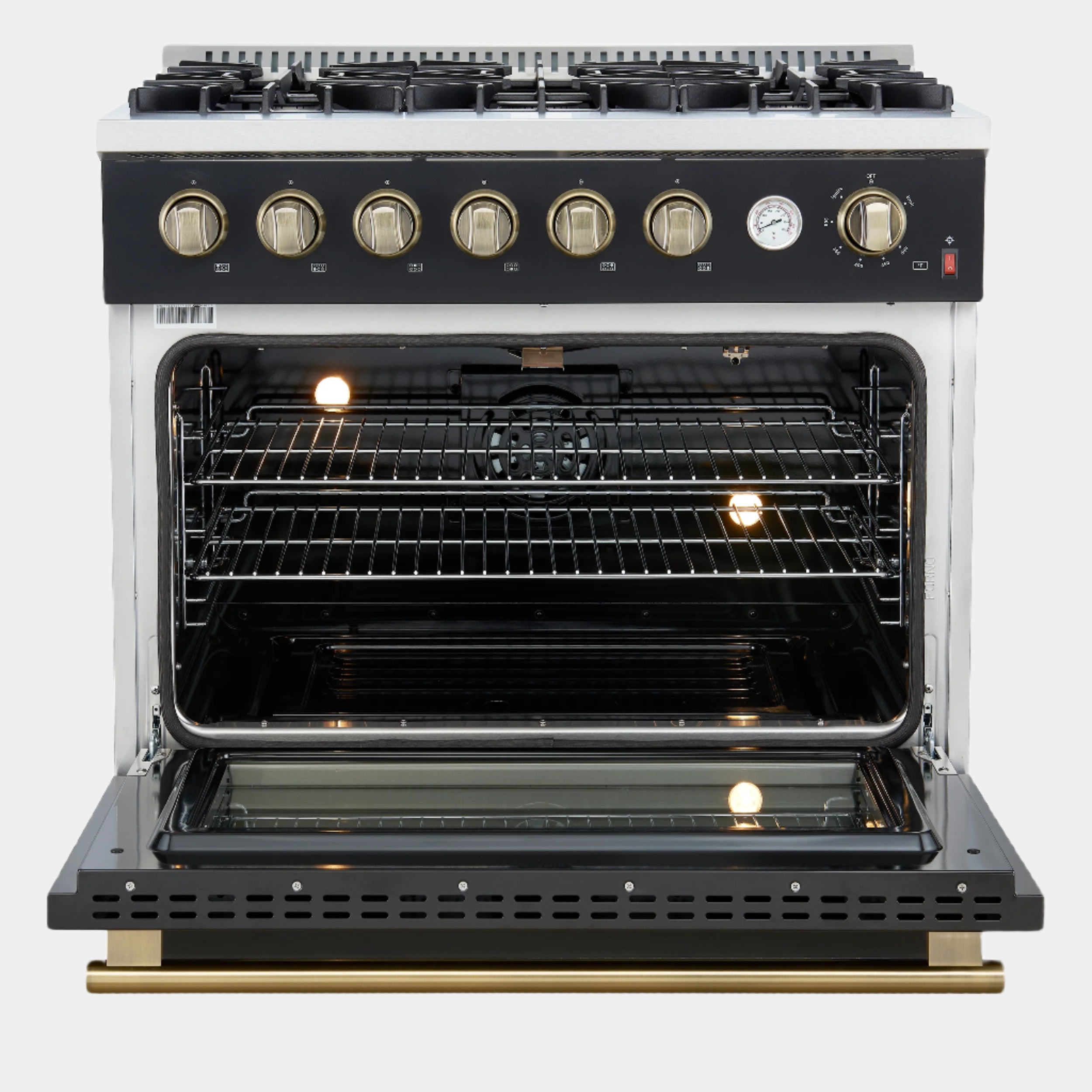 Marco 36-Inch Gas Range Black & Antique Brass Design, 6 Burners 67,000 BTU, 5.36 cu.ft. Convection Oven