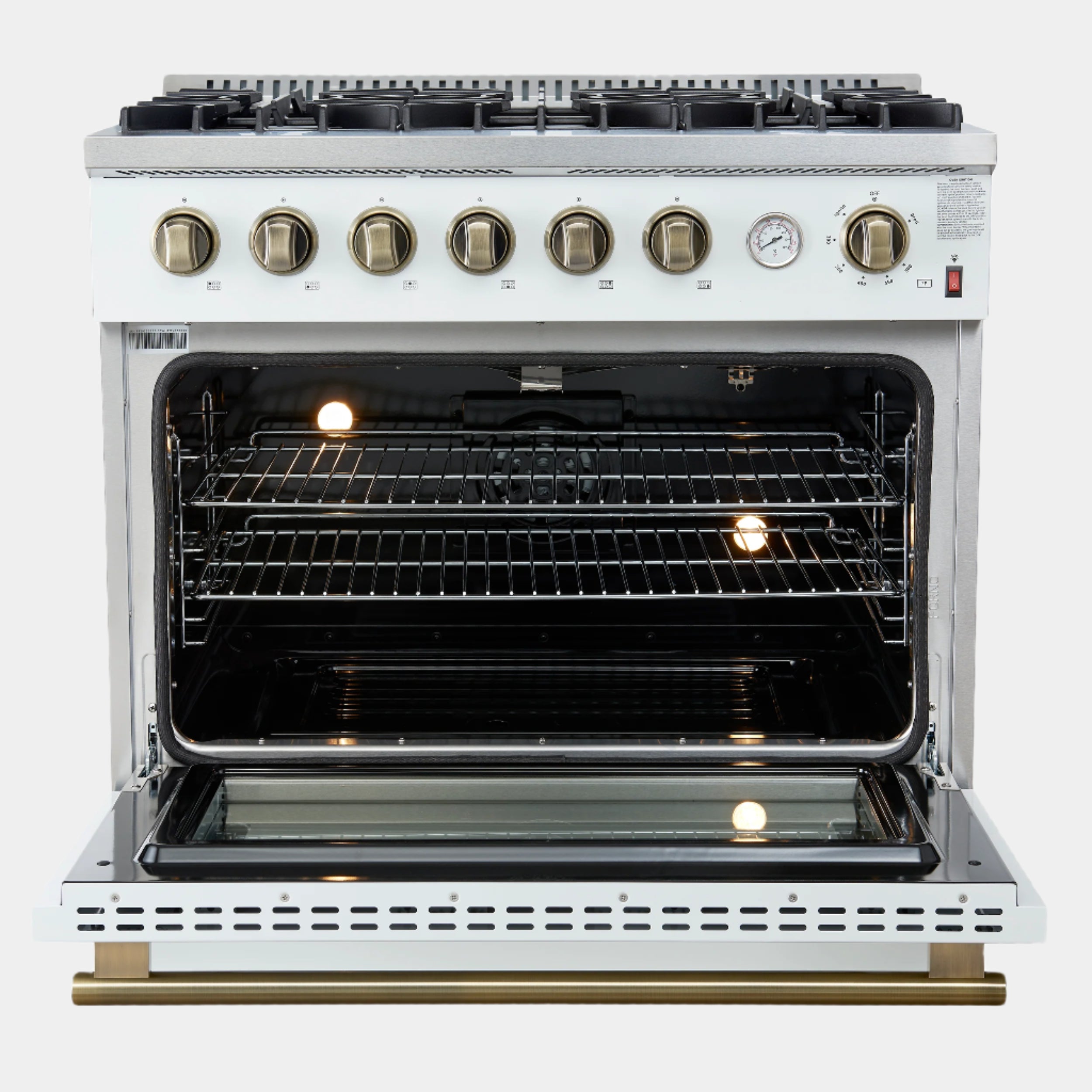 Marco 36-Inch Gas Range White & Antique Brass Design, 6 Burners 67,000 BTU, 5.36 cu.ft. Convection Oven