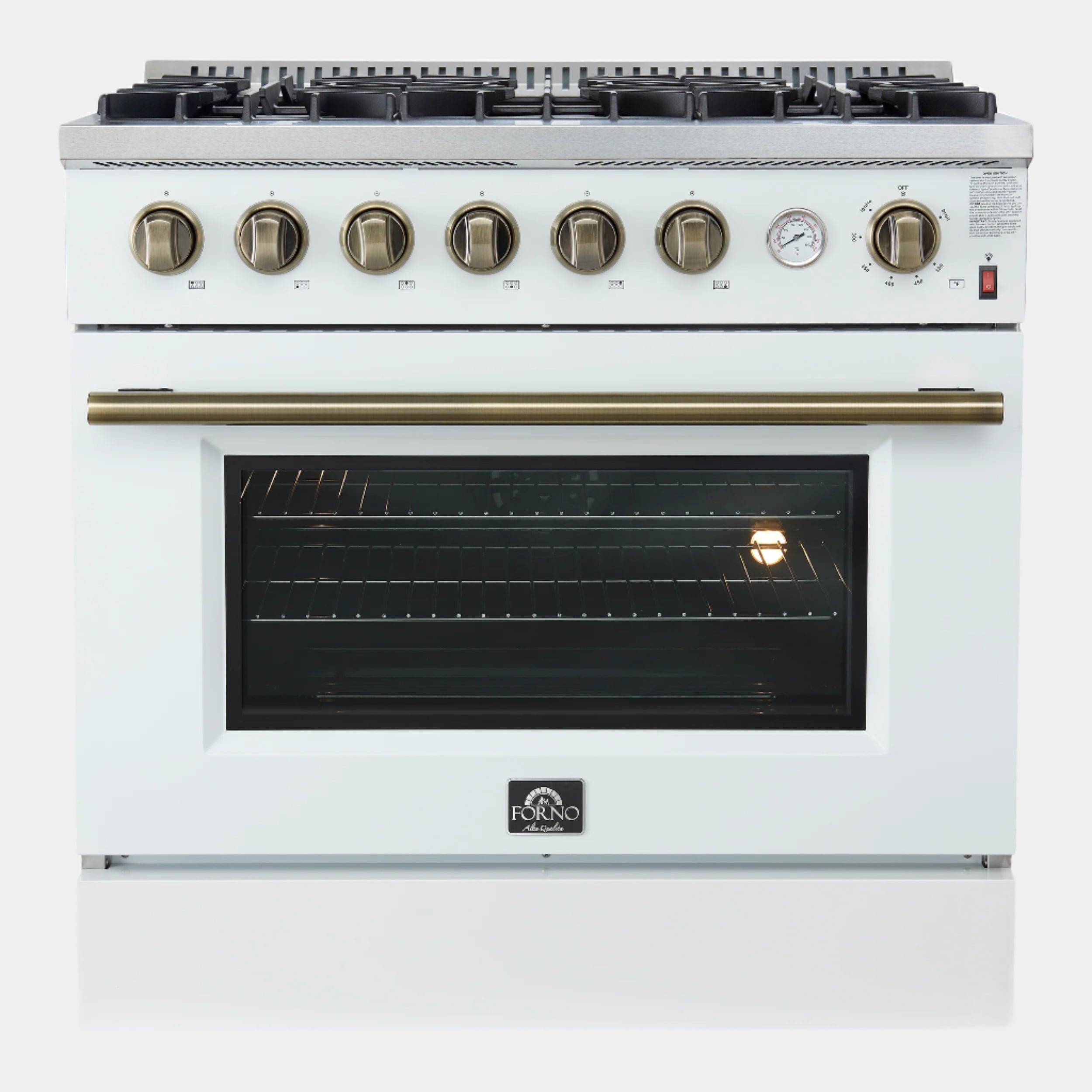 Marco 36-Inch Gas Range White & Antique Brass Design, 6 Burners 67,000 BTU, 5.36 cu.ft. Convection Oven