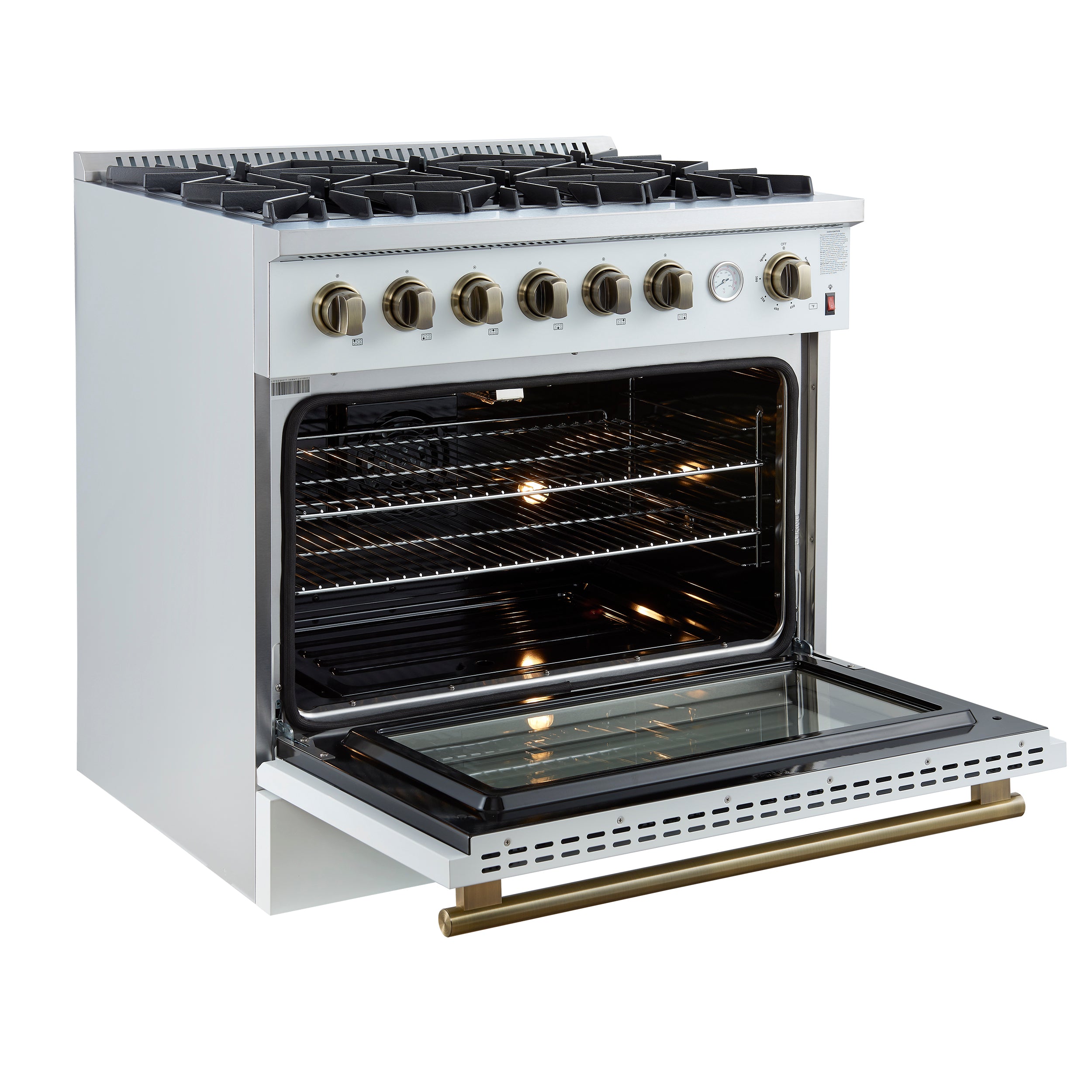 Marco 36-Inch Gas Range White & Antique Brass Design, 6 Burners 67,000 BTU, 5.36 cu.ft. Convection Oven