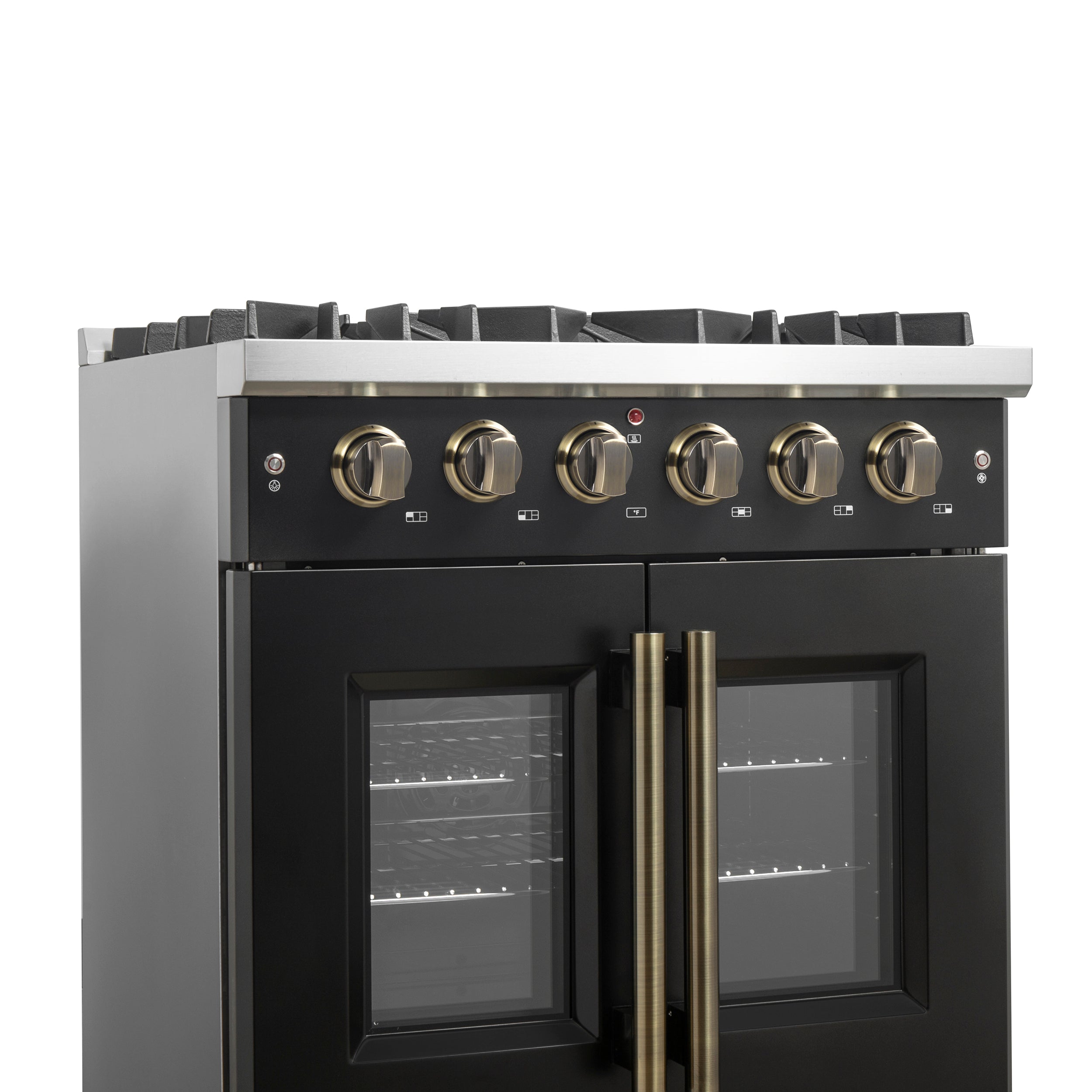 Forno Galiano 30-inch French Door Gas Range Black and Antique Brass Design, 5 Sealed Burners 68,000 BTU, 4.32 cu.ft. Convection Oven
