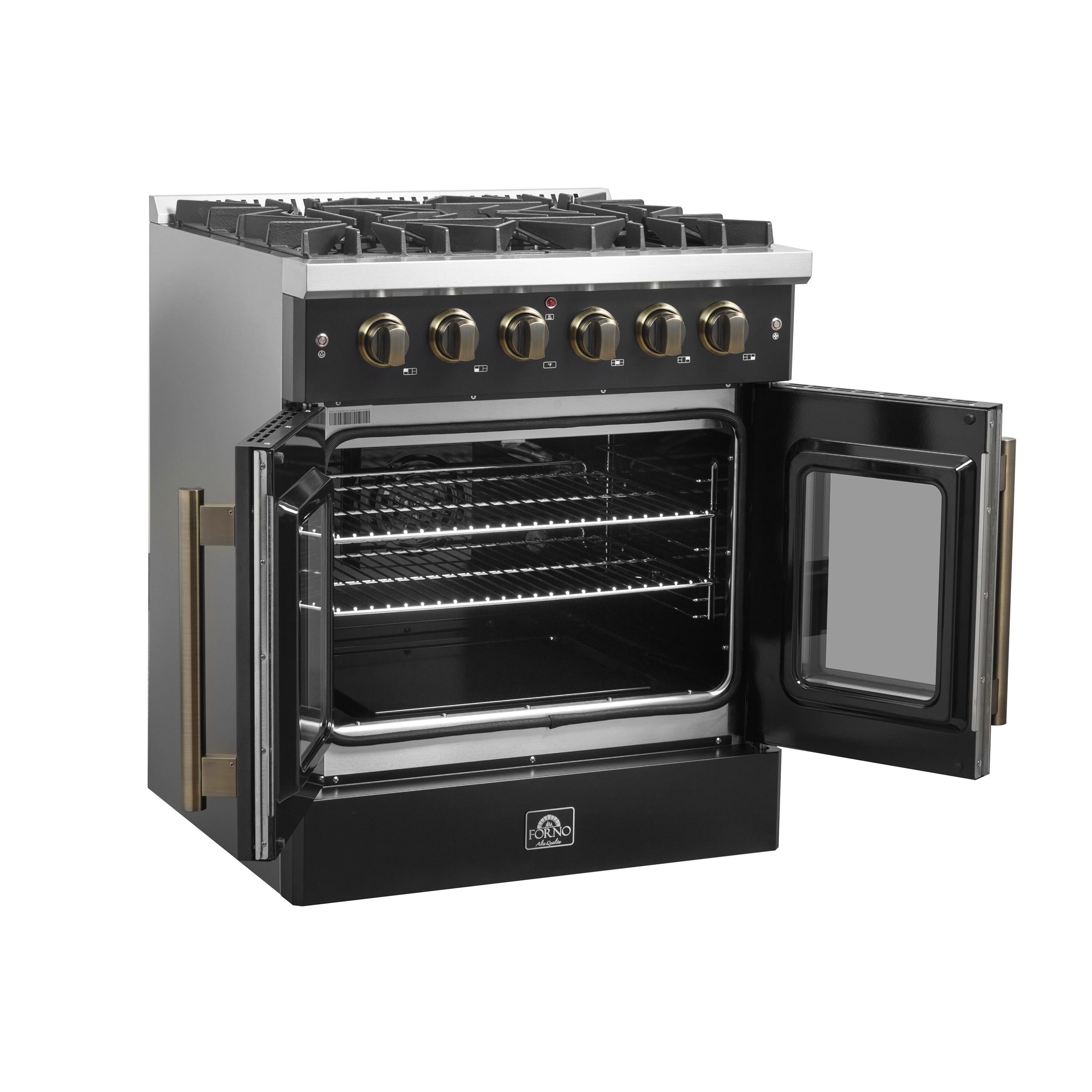 Forno Galiano 30-inch French Door Gas Range Black and Antique Brass Design, 5 Sealed Burners 68,000 BTU, 4.32 cu.ft. Convection Oven