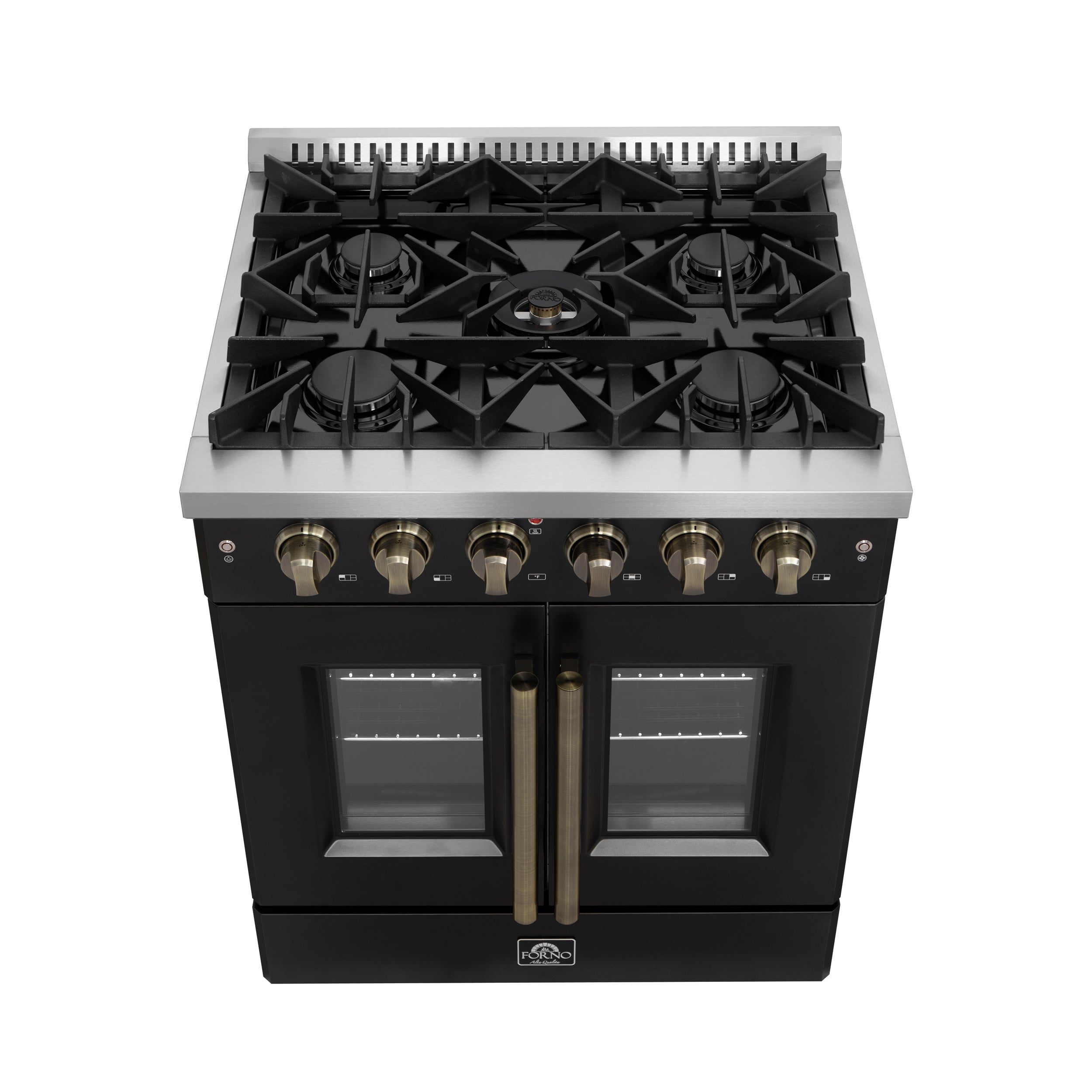 Forno Galiano 30-inch French Door Gas Range Black and Antique Brass Design, 5 Sealed Burners 68,000 BTU, 4.32 cu.ft. Convection Oven