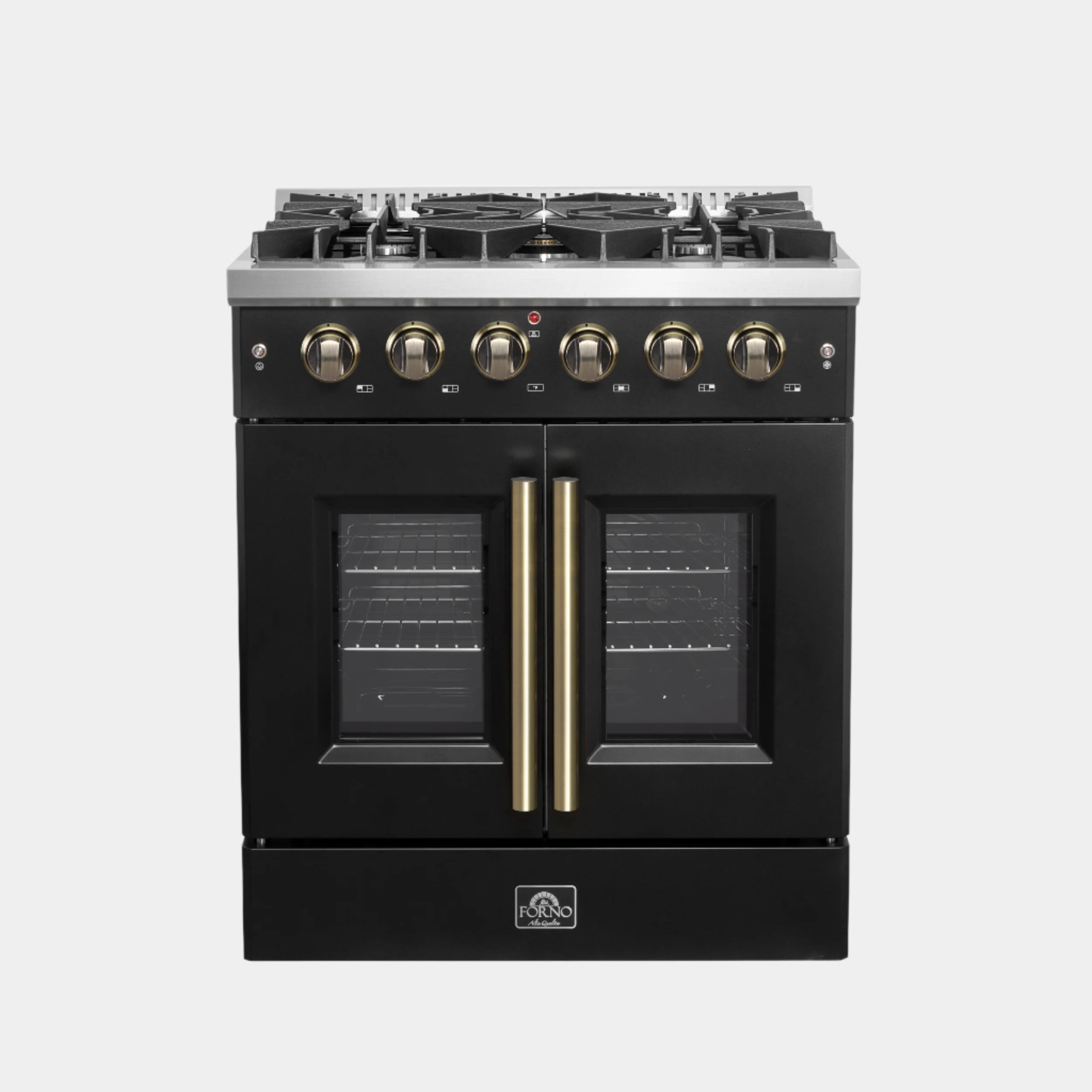 Forno Galiano 30-inch French Door Gas Range Black and Antique Brass Design, 5 Sealed Burners 68,000 BTU, 4.32 cu.ft. Convection Oven