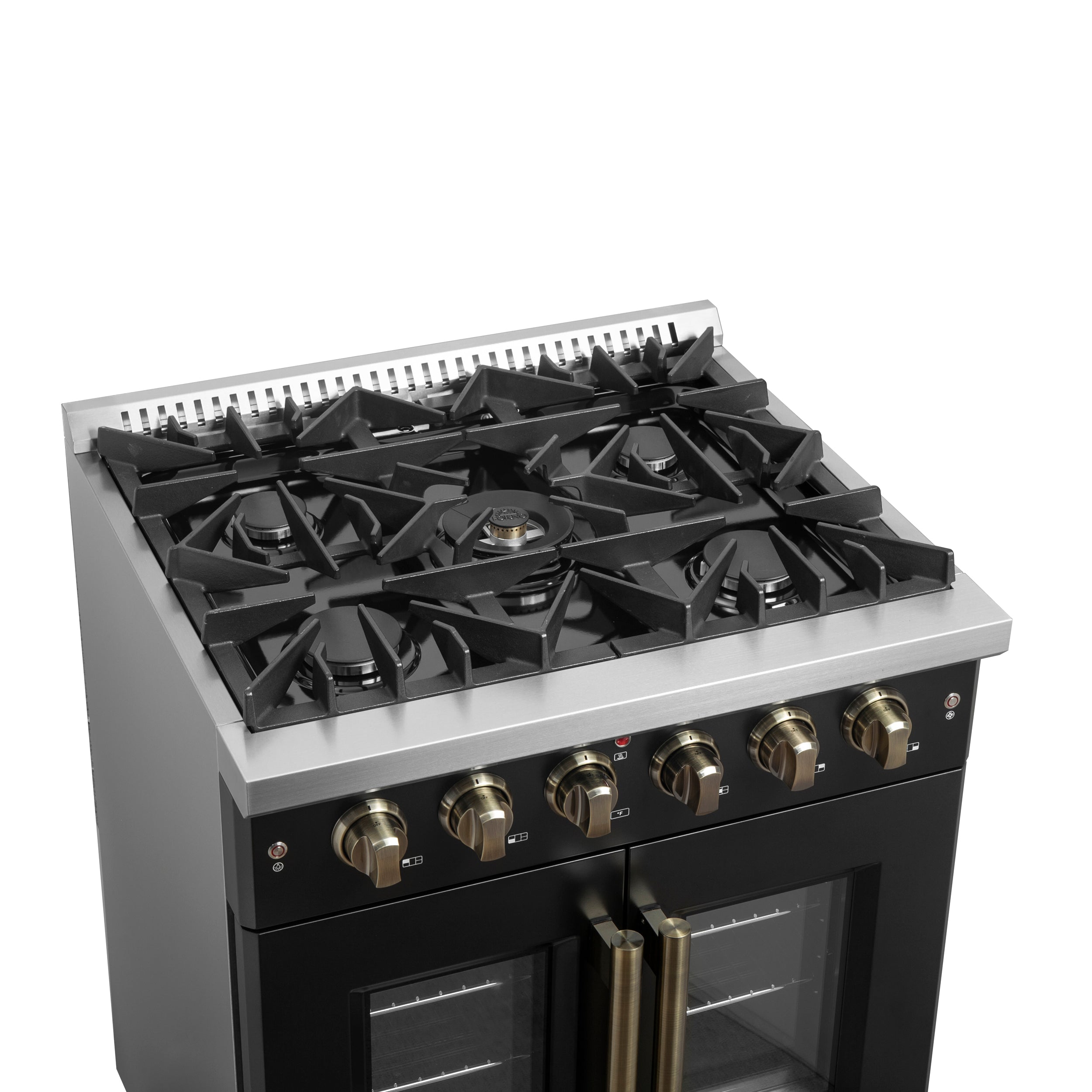 Forno Galiano 30-inch French Door Gas Range Black and Antique Brass Design, 5 Sealed Burners 68,000 BTU, 4.32 cu.ft. Convection Oven
