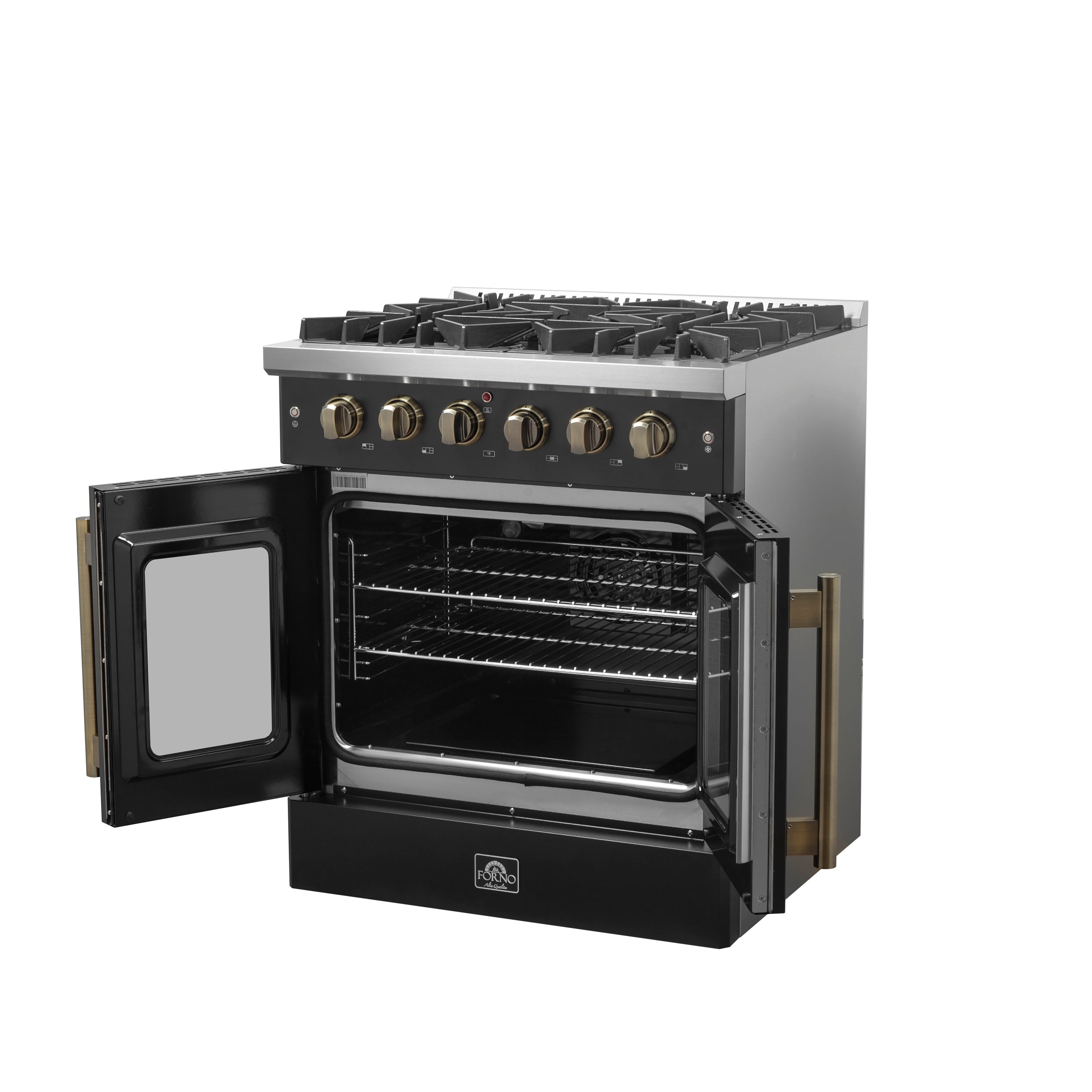 Forno Galiano 30-inch French Door Gas Range Black and Antique Brass Design, 5 Sealed Burners 68,000 BTU, 4.32 cu.ft. Convection Oven