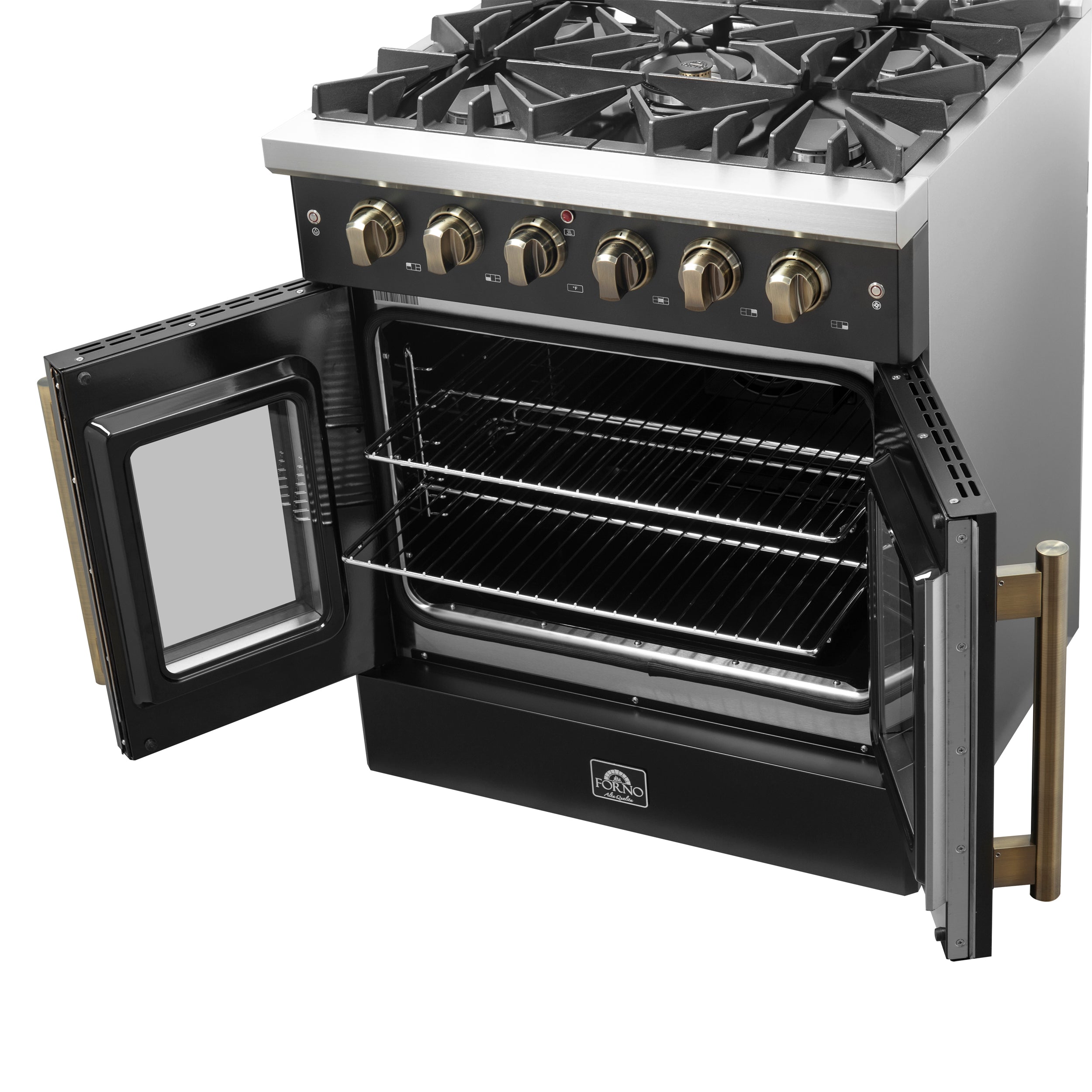 Forno Galiano 30-inch French Door Gas Range Black and Antique Brass Design, 5 Sealed Burners 68,000 BTU, 4.32 cu.ft. Convection Oven