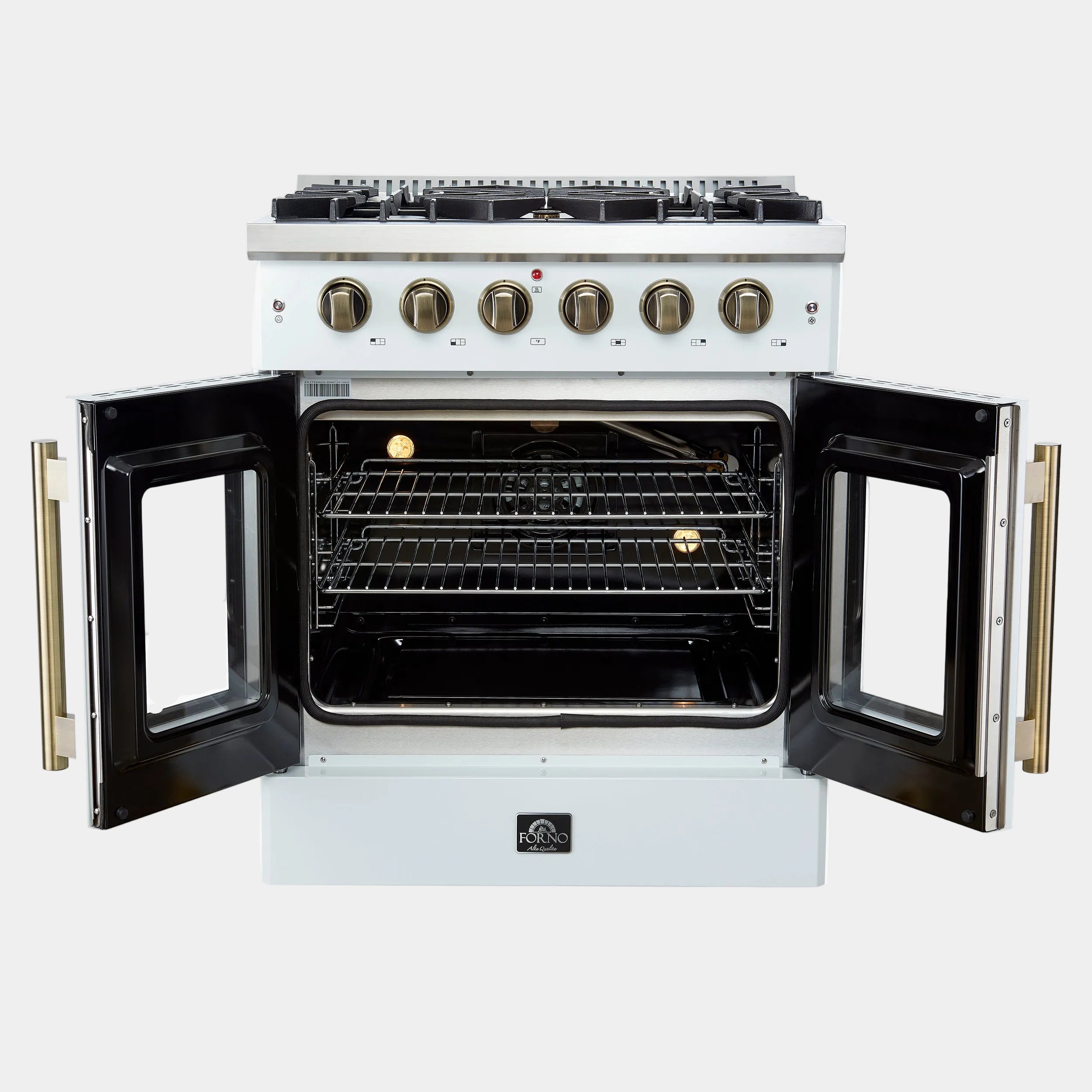 Forno Galiano 30 in. 4.32 cu. ft. 5-Burner White Gas Range with Antique Brass Accents | FFSGS6444-30WHT