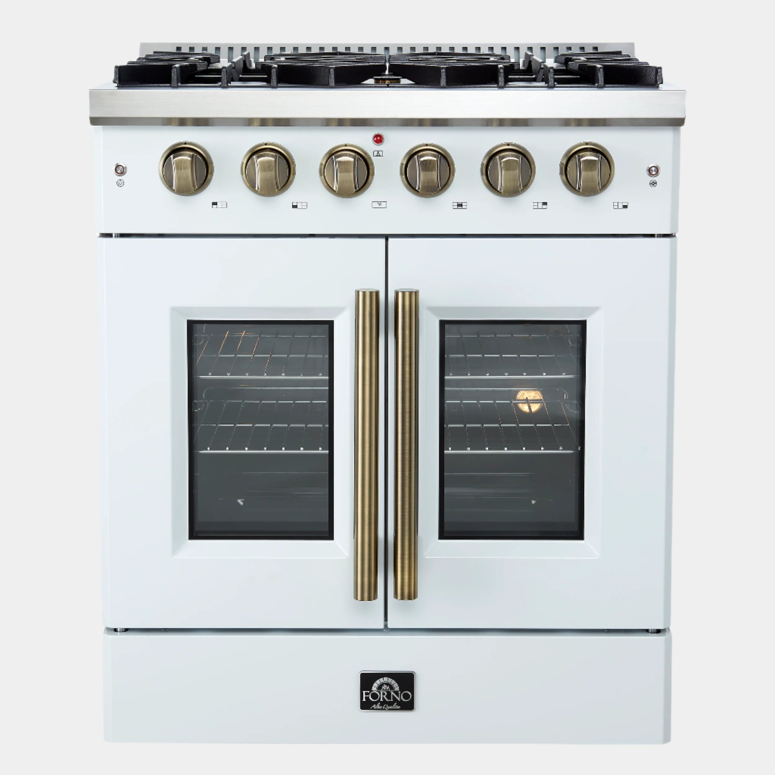 Forno Galiano 30-inch French Door Gas Range
White with Antique Brass Design, 5 Burners,
68,000 BTU, 4.32 cu.ft. Convection Oven