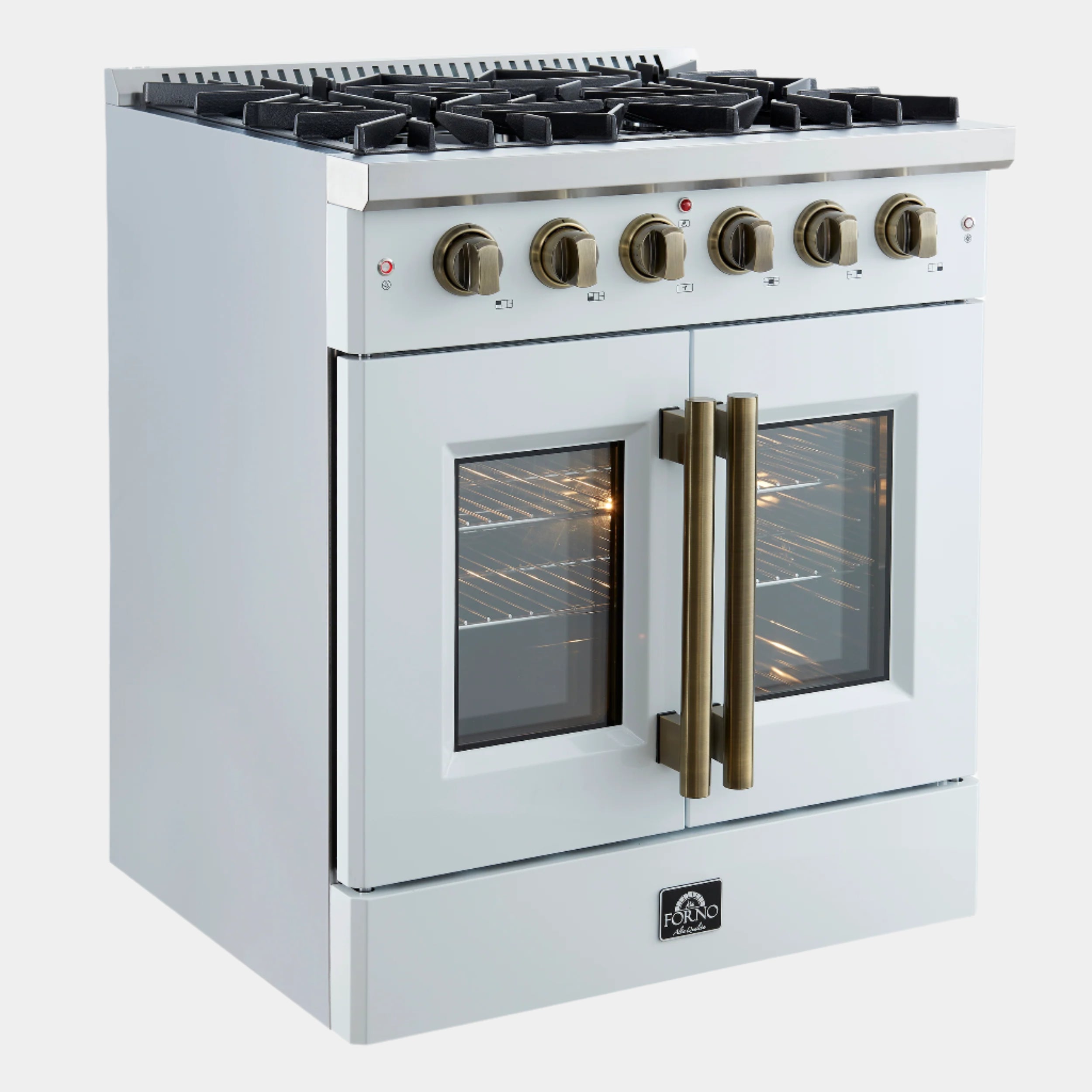 Forno Galiano 30-inch French Door Gas Range
White with Antique Brass Design, 5 Burners,
68,000 BTU, 4.32 cu.ft. Convection Oven