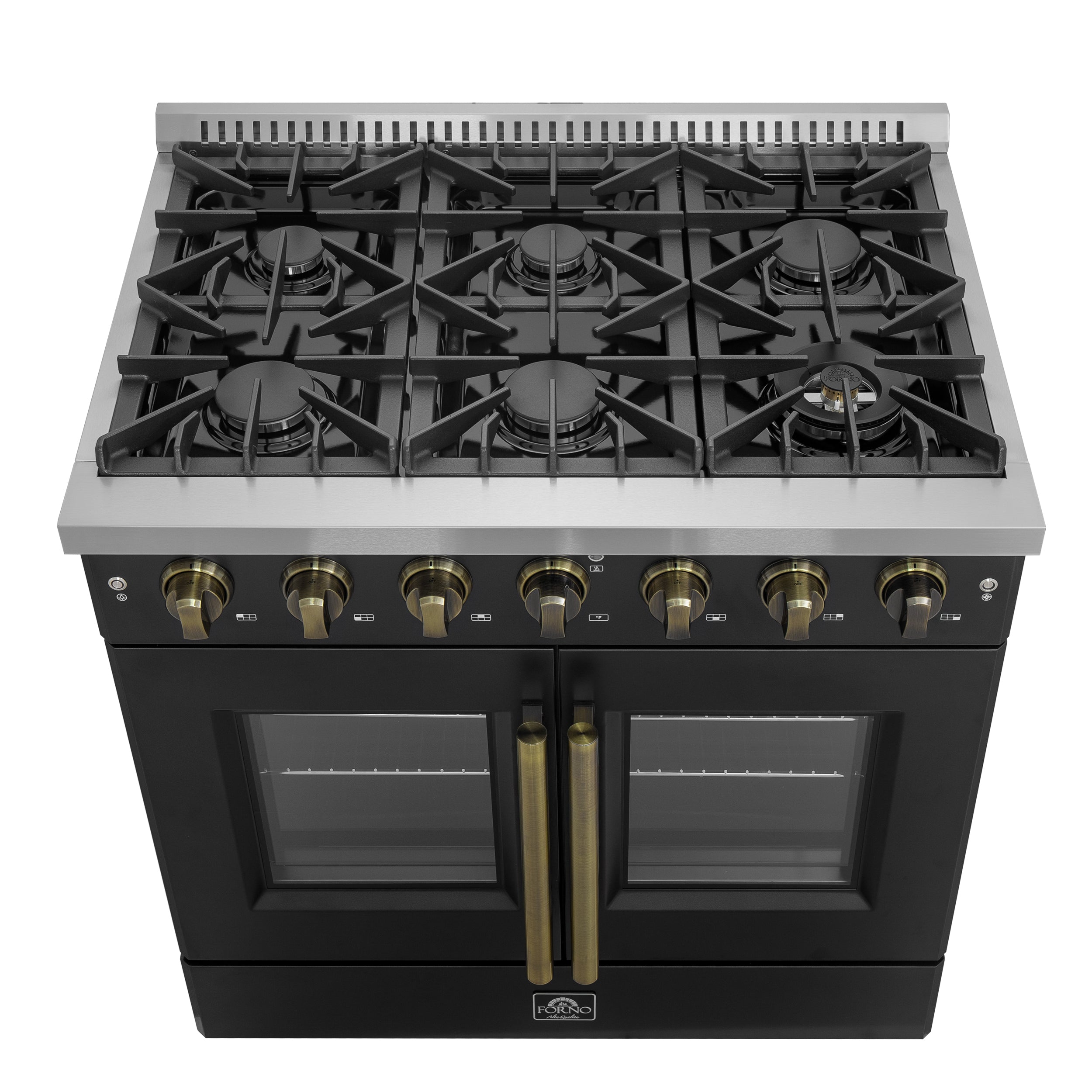 Forno Galiano 36 in. 5.26 cu. ft. 6-Burner Black French Door Gas Range with Antique Brass Accents | FFSGS6444-36BLK