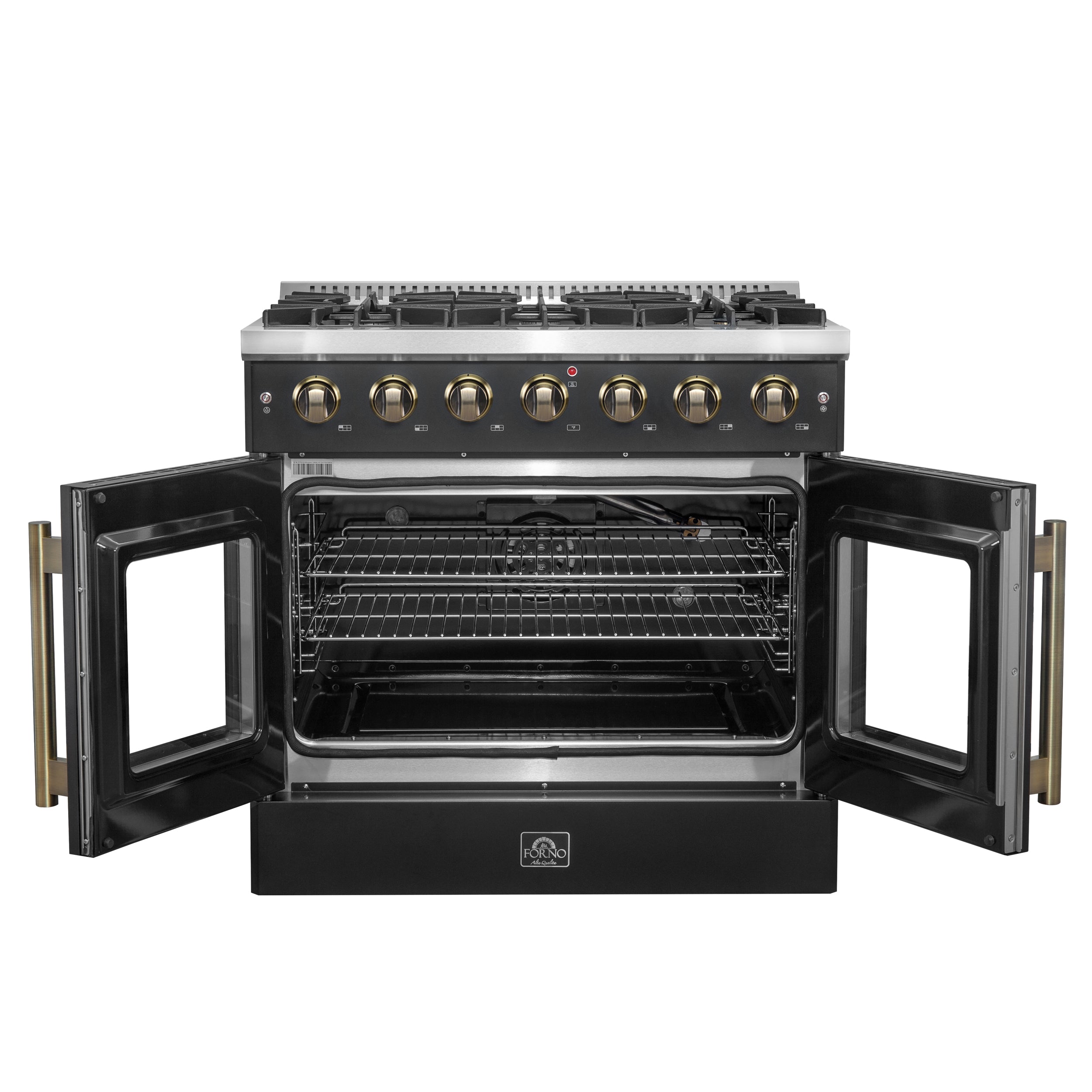 Forno Galiano 36 in. 5.26 cu. ft. 6-Burner Black French Door Gas Range with Antique Brass Accents | FFSGS6444-36BLK