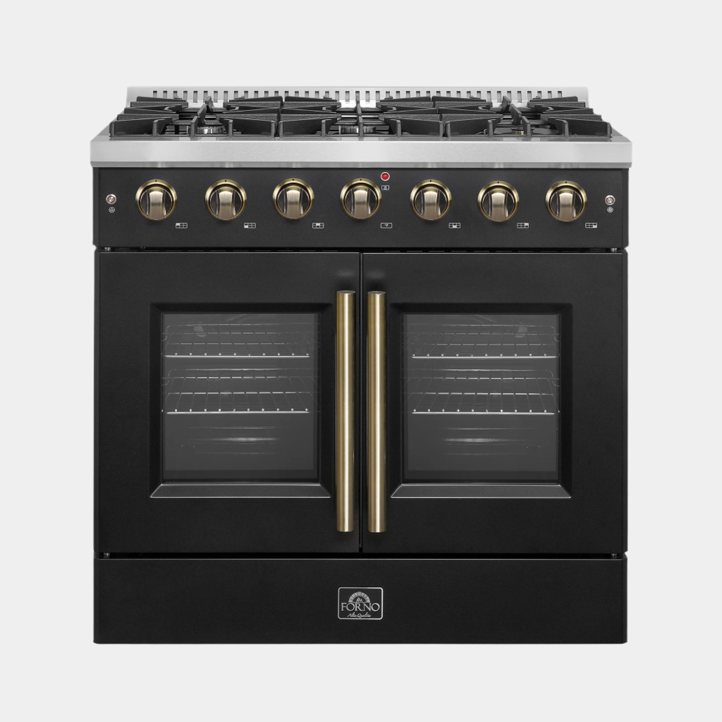 Forno Galiano 36-inch French Door Gas Range Black and Antique Brass Design, 6 Sealed Burners 83,000 BTU, 5.36 cu.ft. Convection Oven