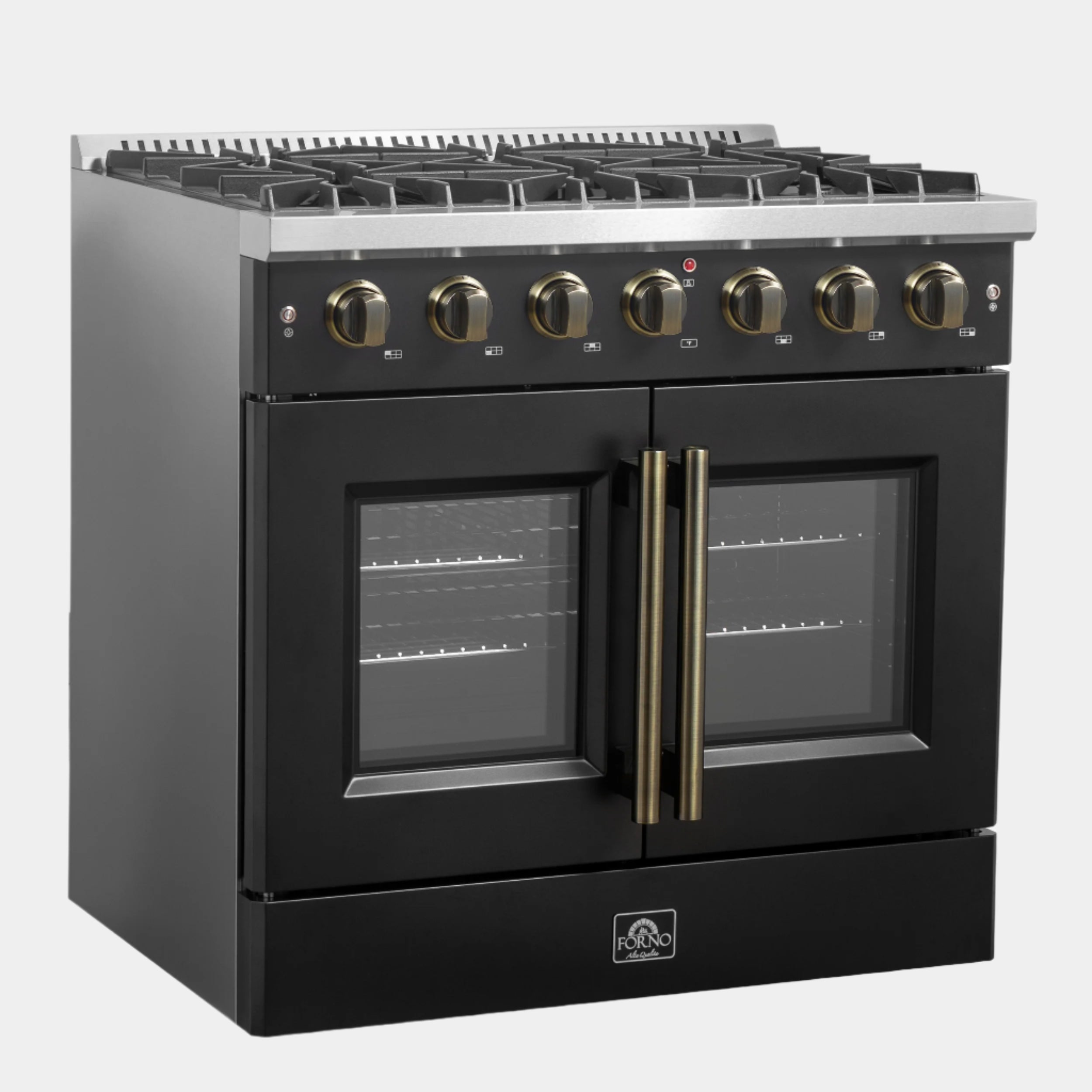 Forno Galiano 36 in. 5.26 cu. ft. 6-Burner Black French Door Gas Range with Antique Brass Accents | FFSGS6444-36BLK