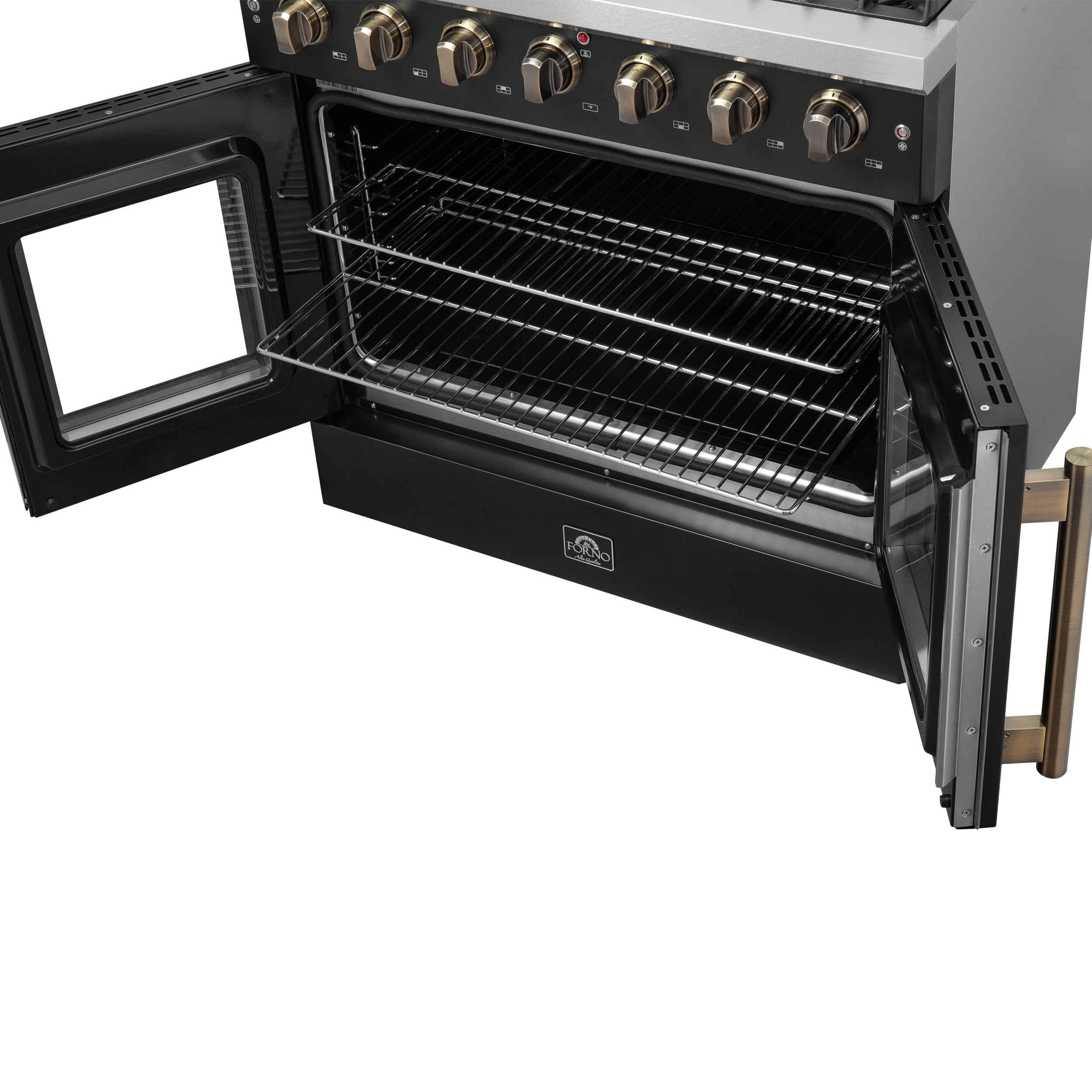 Forno Galiano 36-inch French Door Gas Range Black and Antique Brass Design, 6 Sealed Burners 83,000 BTU, 5.36 cu.ft. Convection Oven