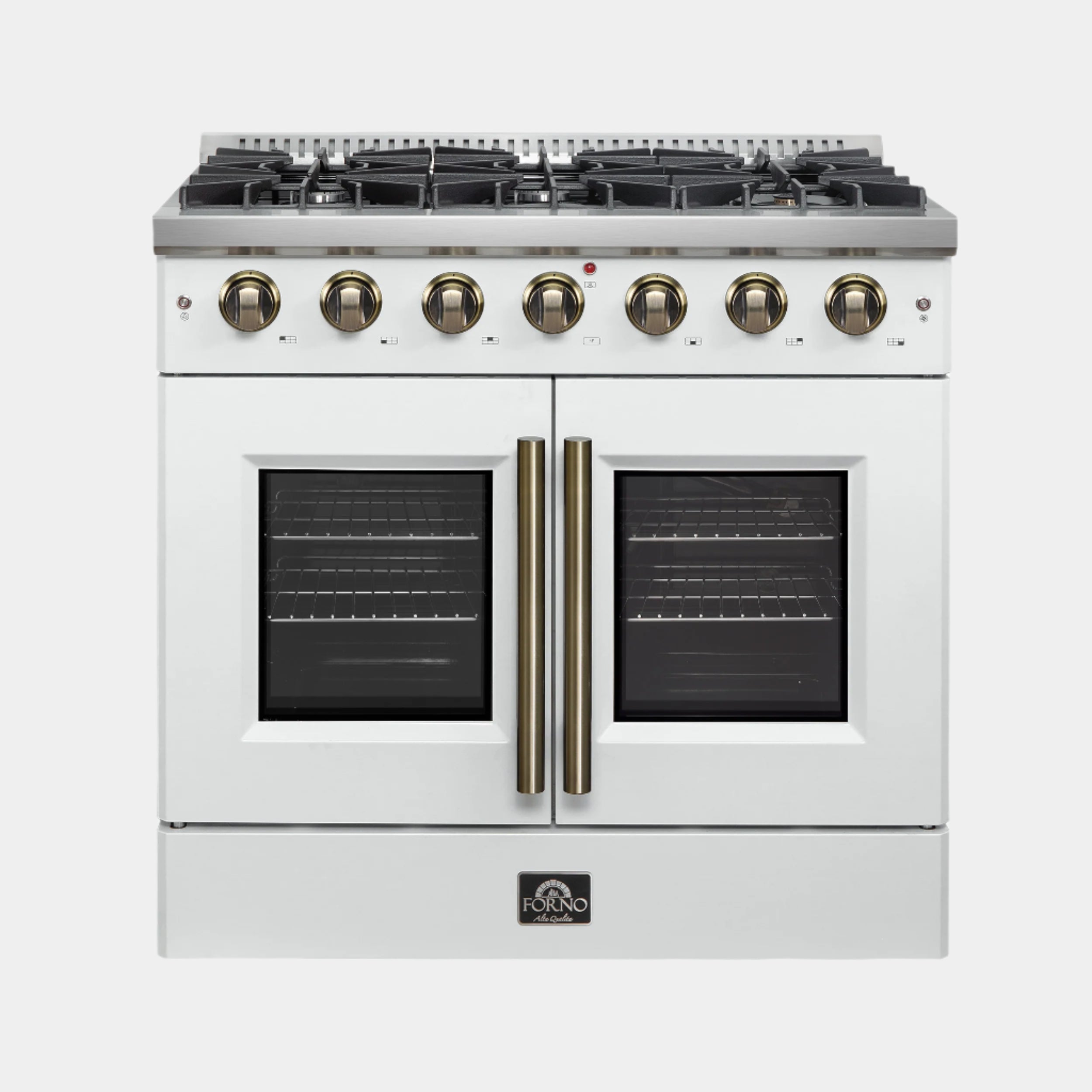 Forno Galiano 36-inch French Door Gas Range White and Antique Brass Design, 6 Sealed Burners 83,000 BTU, 5.36 cu.ft. Convection Oven