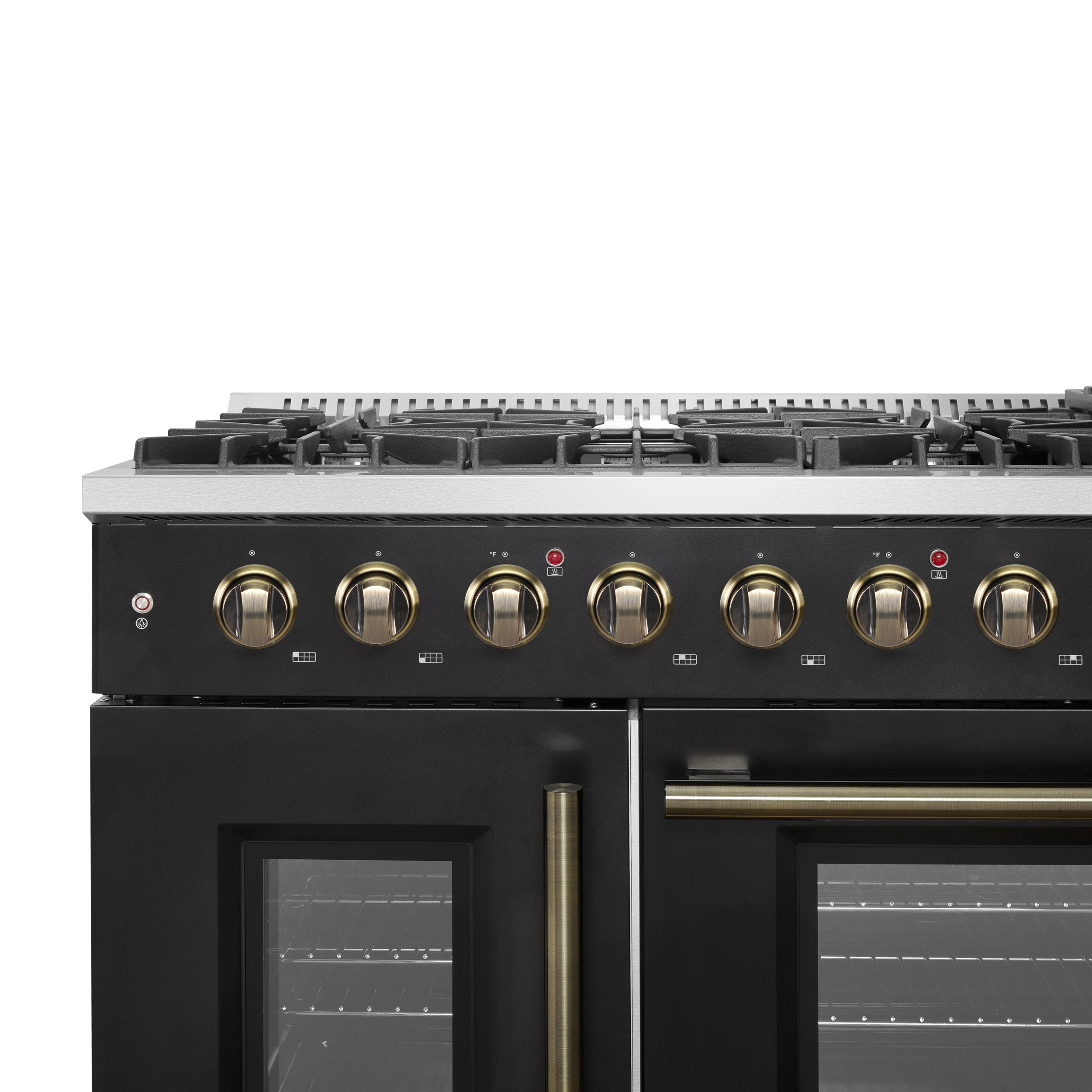 Forno Galiano 48 in. 6.58 cu. ft. 8-Burner Black French Door Gas Range with Antique Brass Accents| FFSGS6444-48BLK