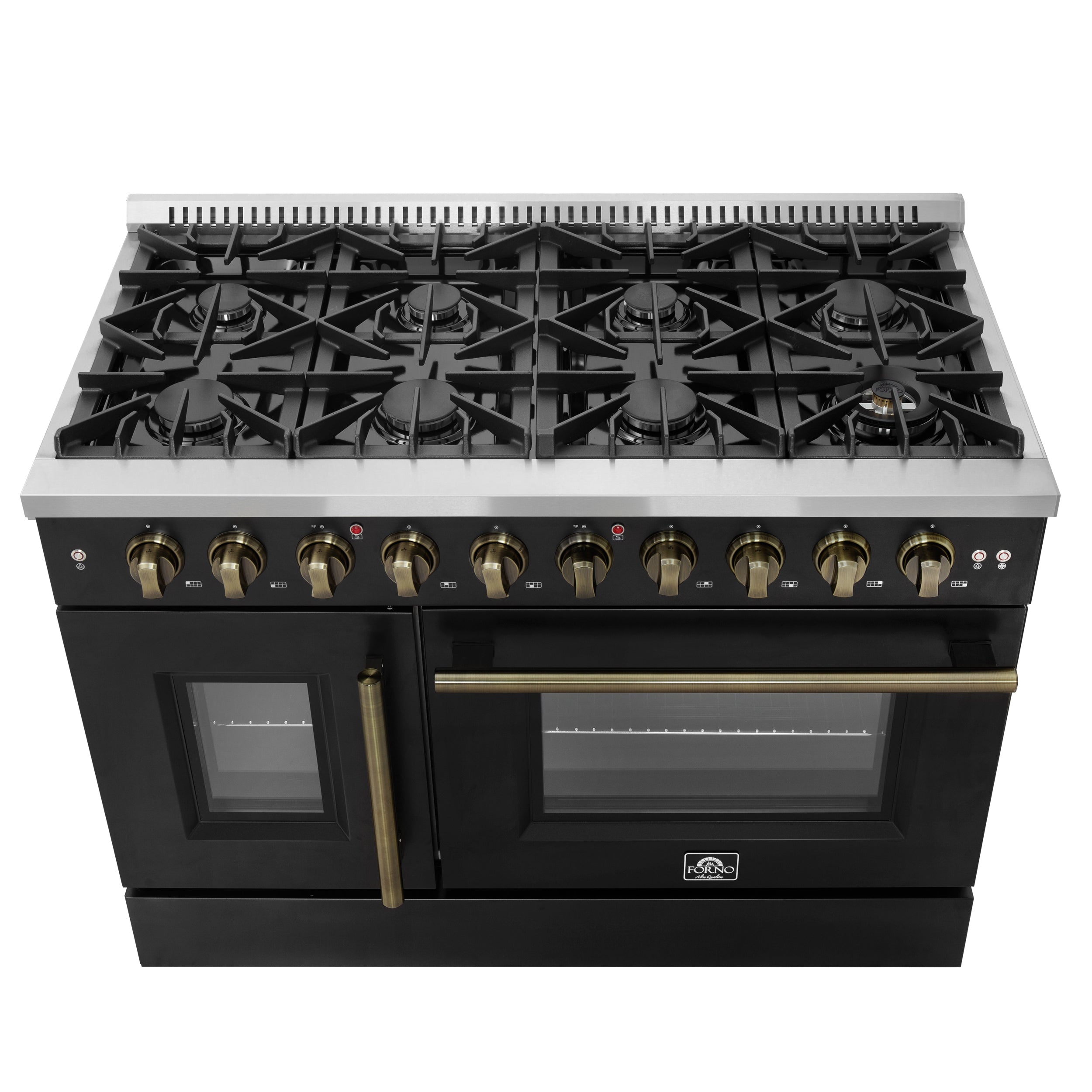 Forno Galiano 48 in. 6.58 cu. ft. 8-Burner Black French Door Gas Range with Antique Brass Accents| FFSGS6444-48BLK