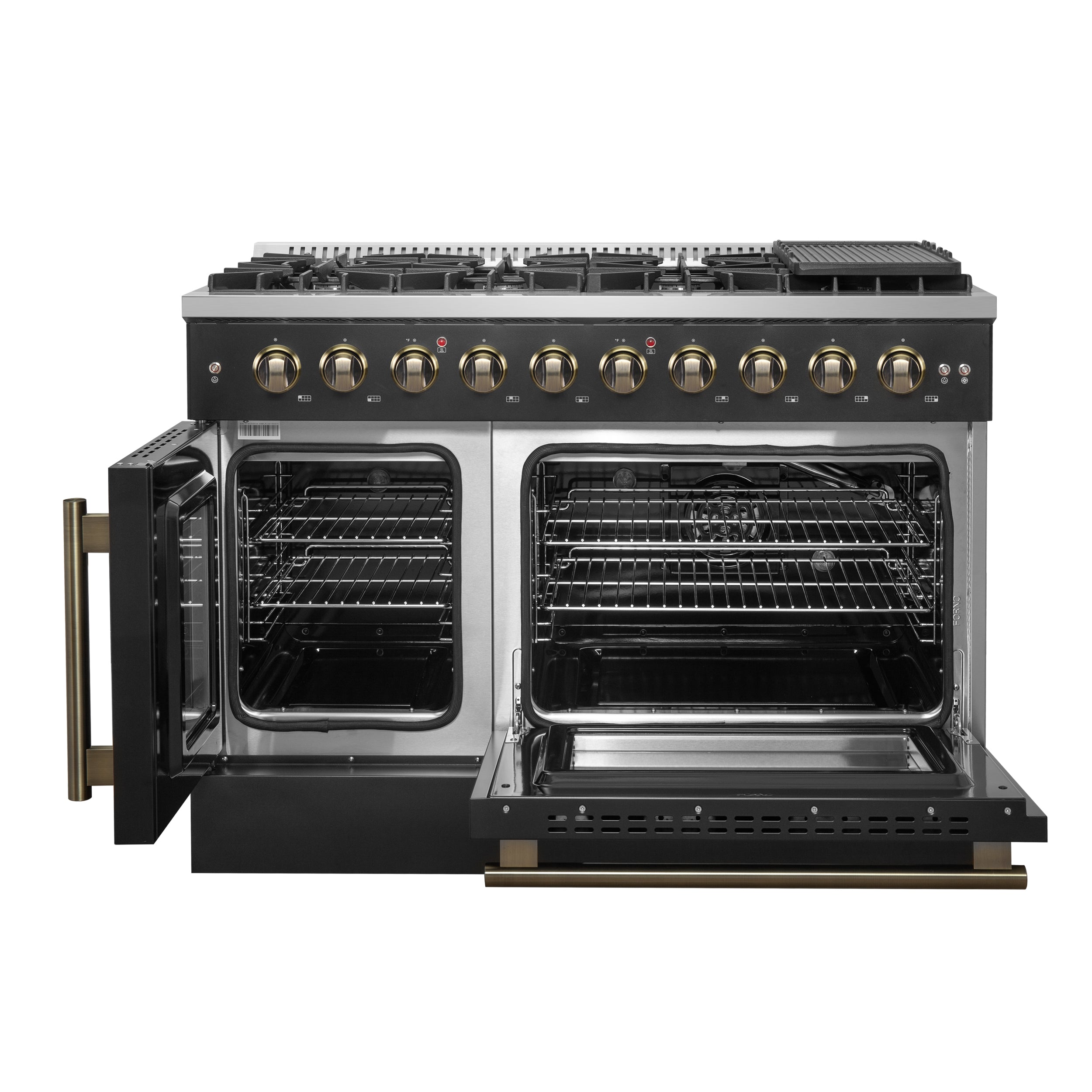 Forno Galiano 48 in. 6.58 cu. ft. 8-Burner Black French Door Gas Range with Antique Brass Accents| FFSGS6444-48BLK