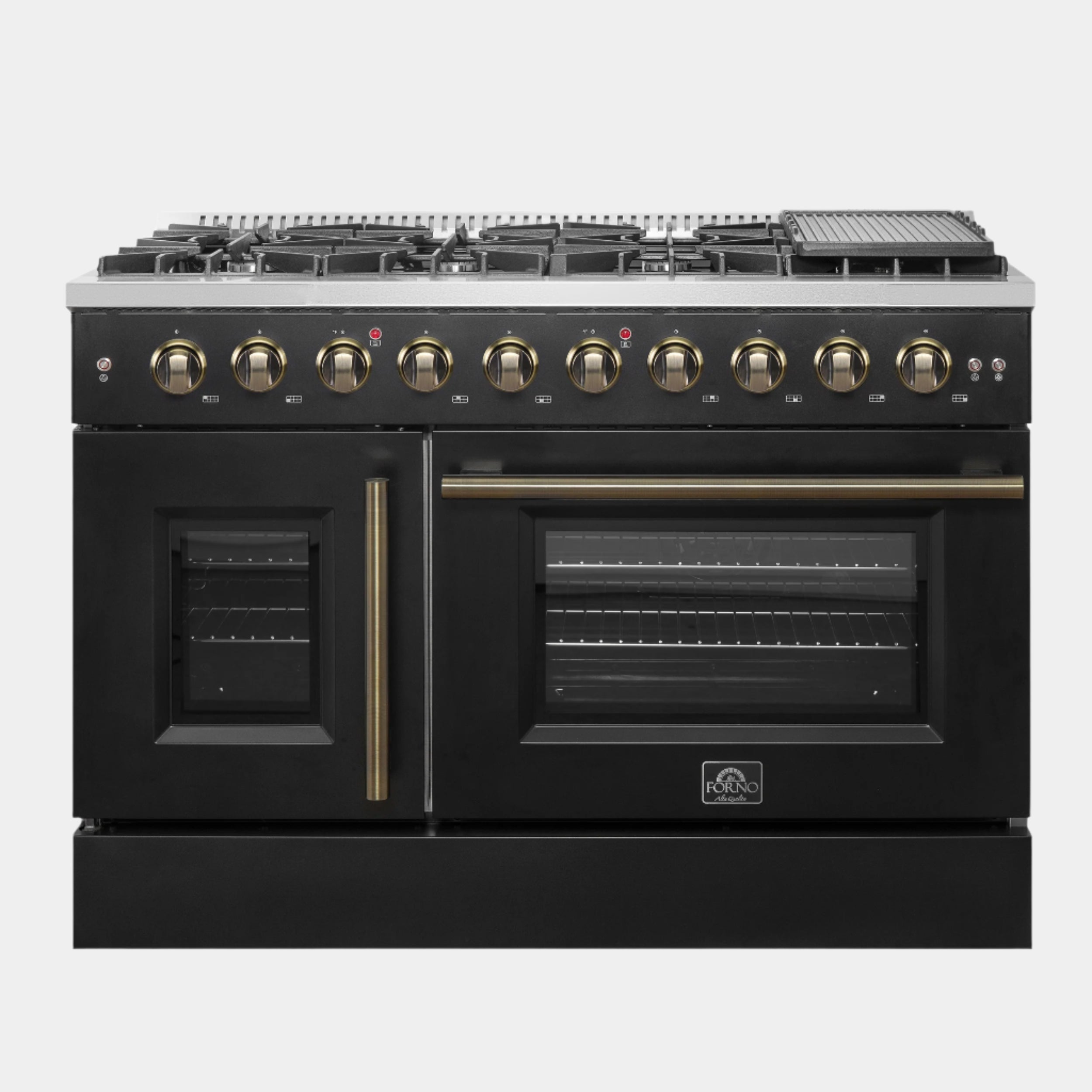 Forno Galiano 48 in. 6.58 cu. ft. 8-Burner Black French Door Gas Range with Antique Brass Accents| FFSGS6444-48BLK
