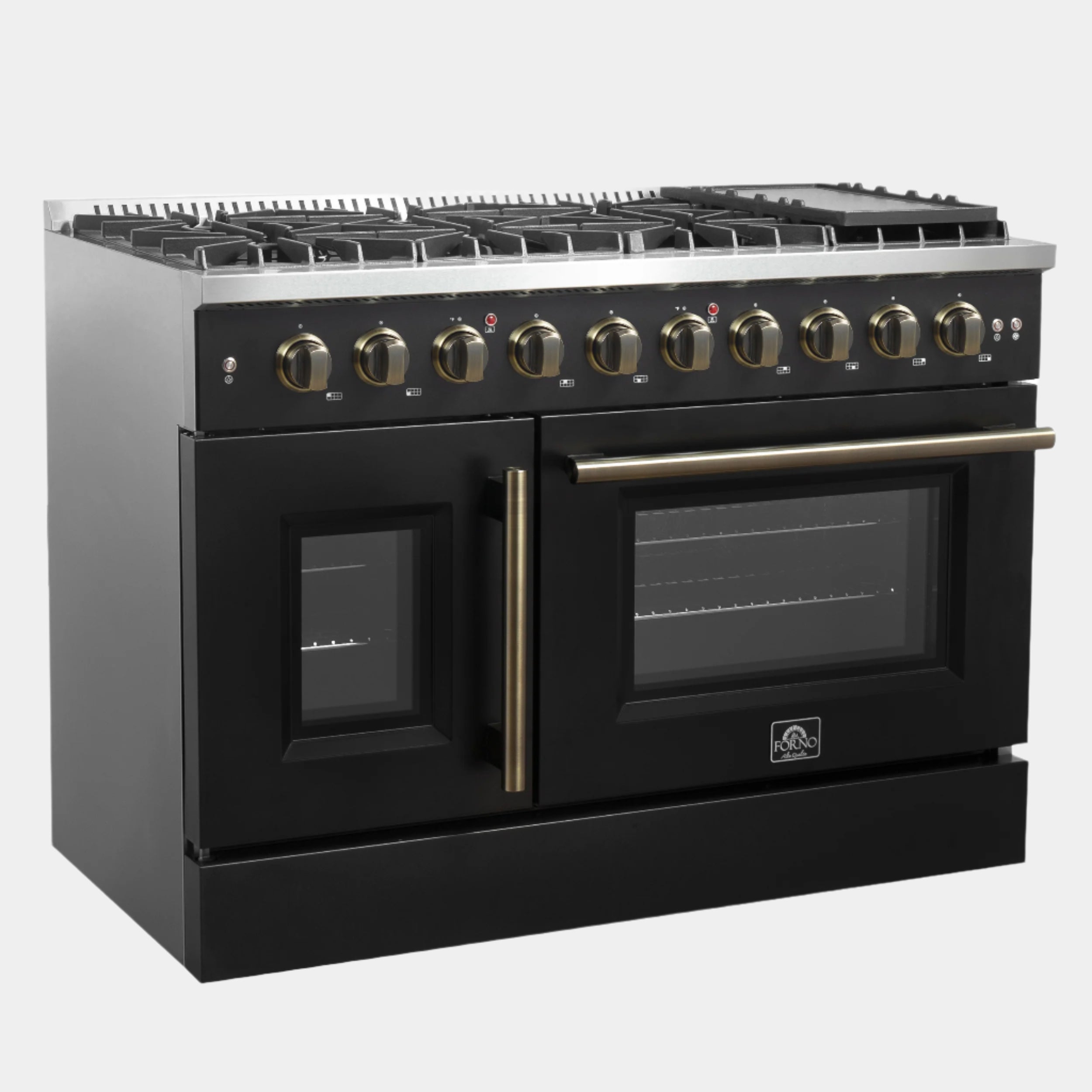 Forno Galiano 48 in. 6.58 cu. ft. 8-Burner Black French Door Gas Range with Antique Brass Accents| FFSGS6444-48BLK