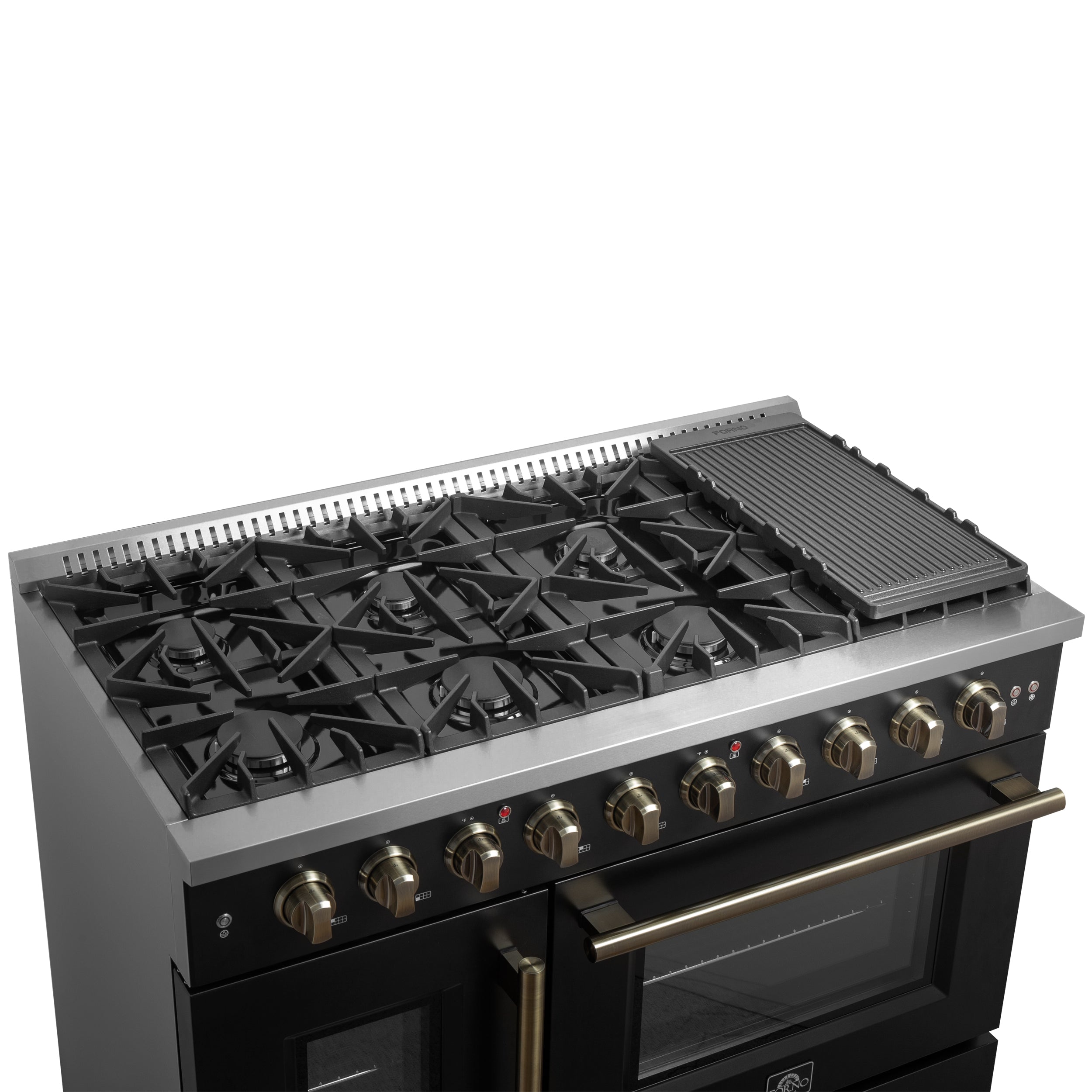 Forno Galiano 48 in. 6.58 cu. ft. 8-Burner Black French Door Gas Range with Antique Brass Accents| FFSGS6444-48BLK