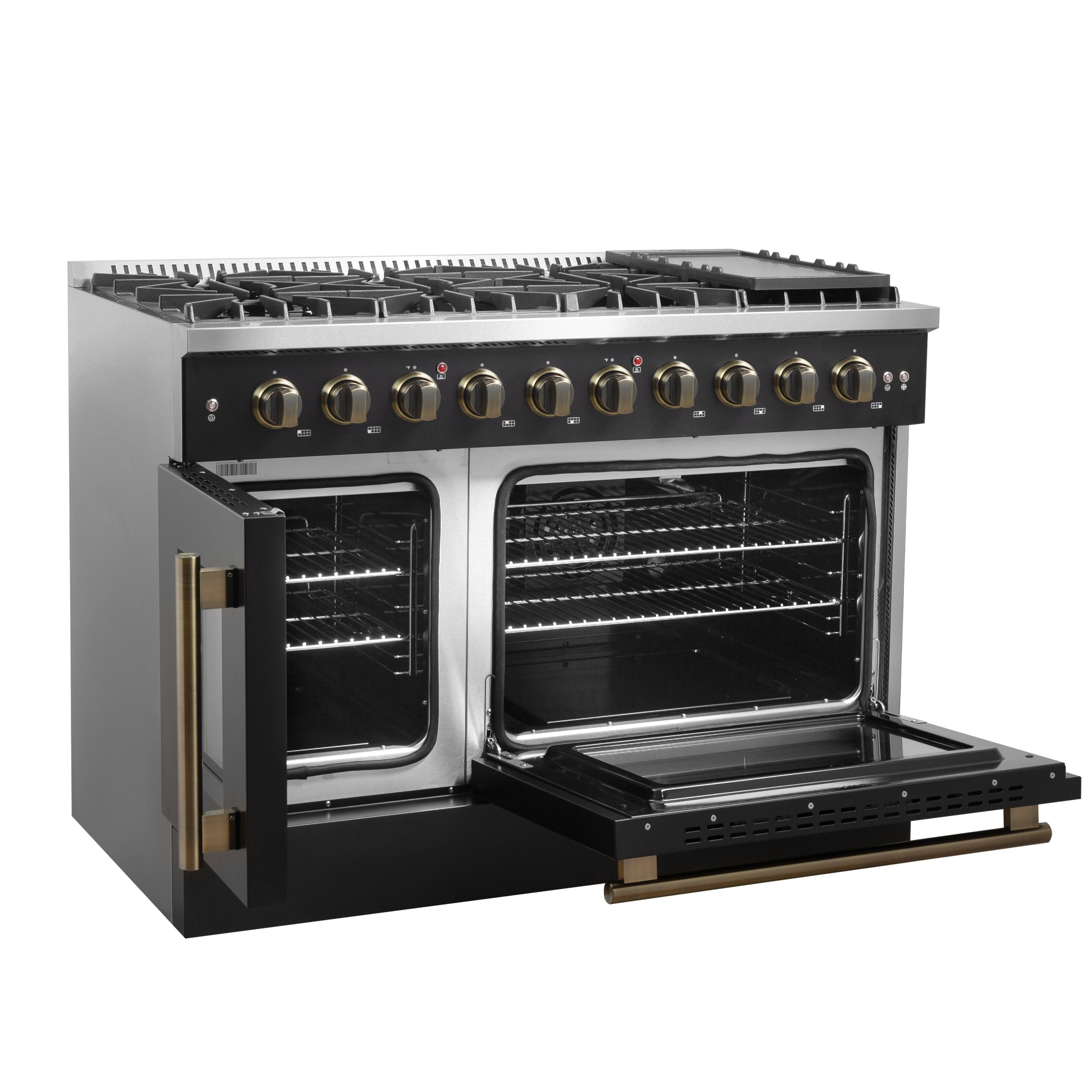 Forno Galiano 48 in. 6.58 cu. ft. 8-Burner Black French Door Gas Range with Antique Brass Accents| FFSGS6444-48BLK