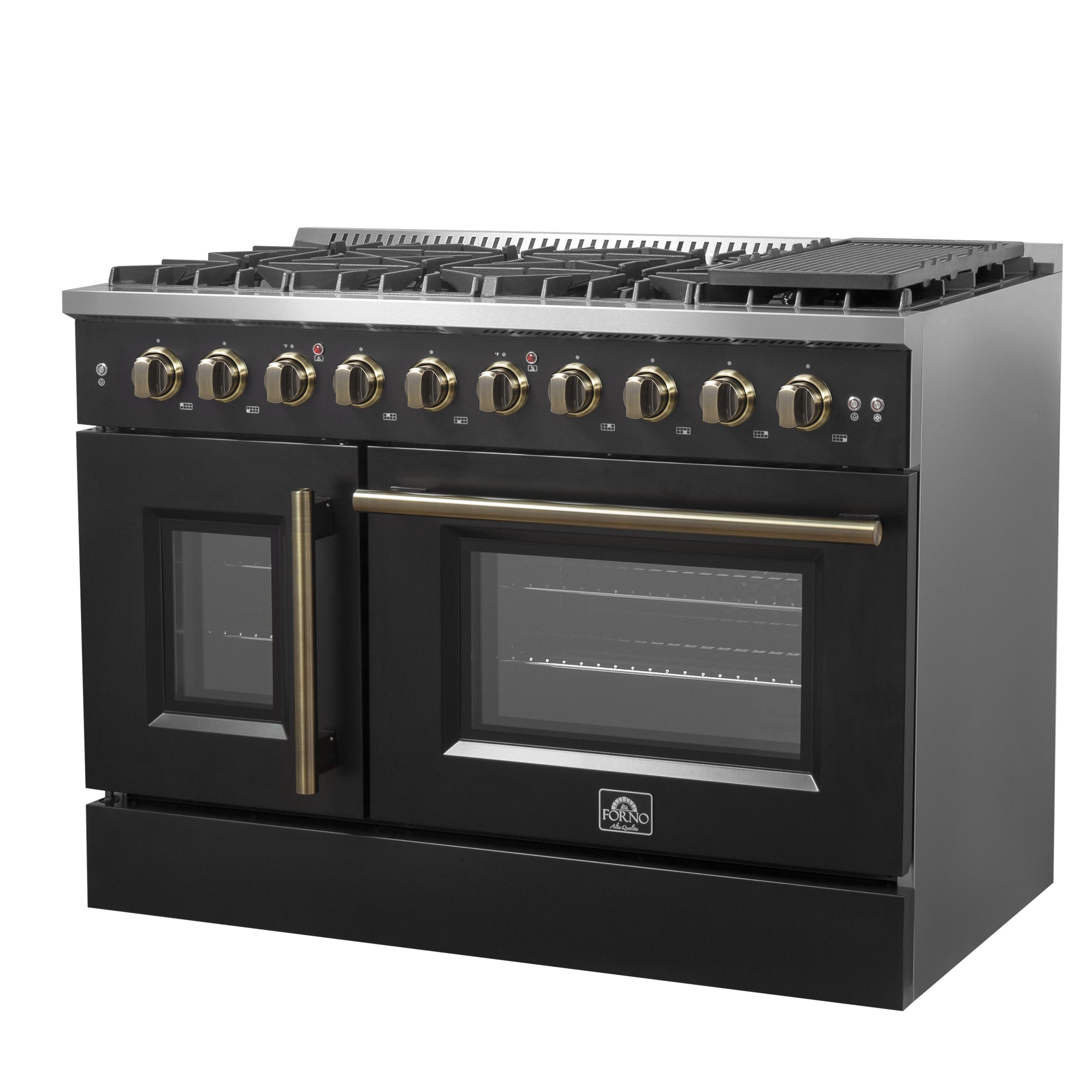 Forno Galiano 48 in. 6.58 cu. ft. 8-Burner Black French Door Gas Range with Antique Brass Accents| FFSGS6444-48BLK