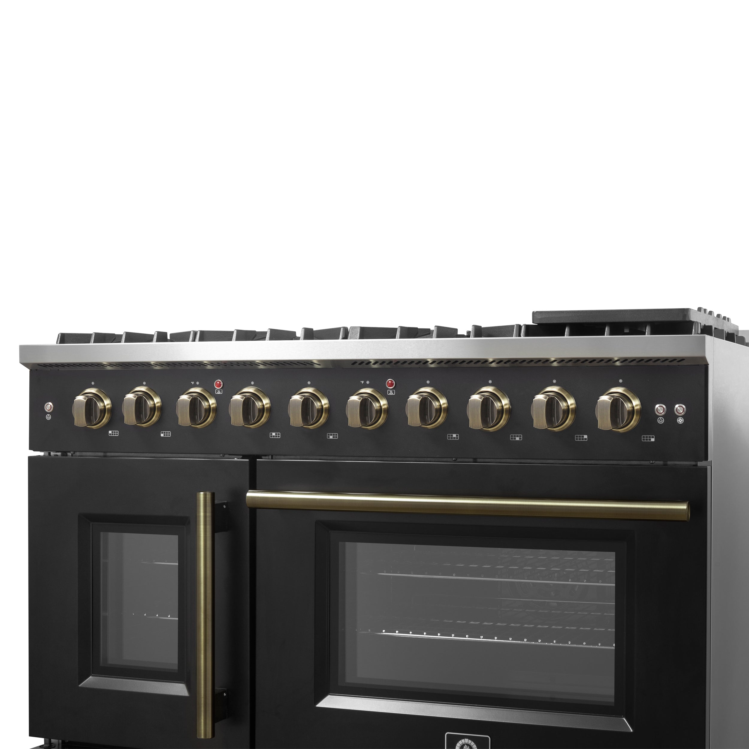 Forno Galiano 48 in. 6.58 cu. ft. 8-Burner Black French Door Gas Range with Antique Brass Accents| FFSGS6444-48BLK