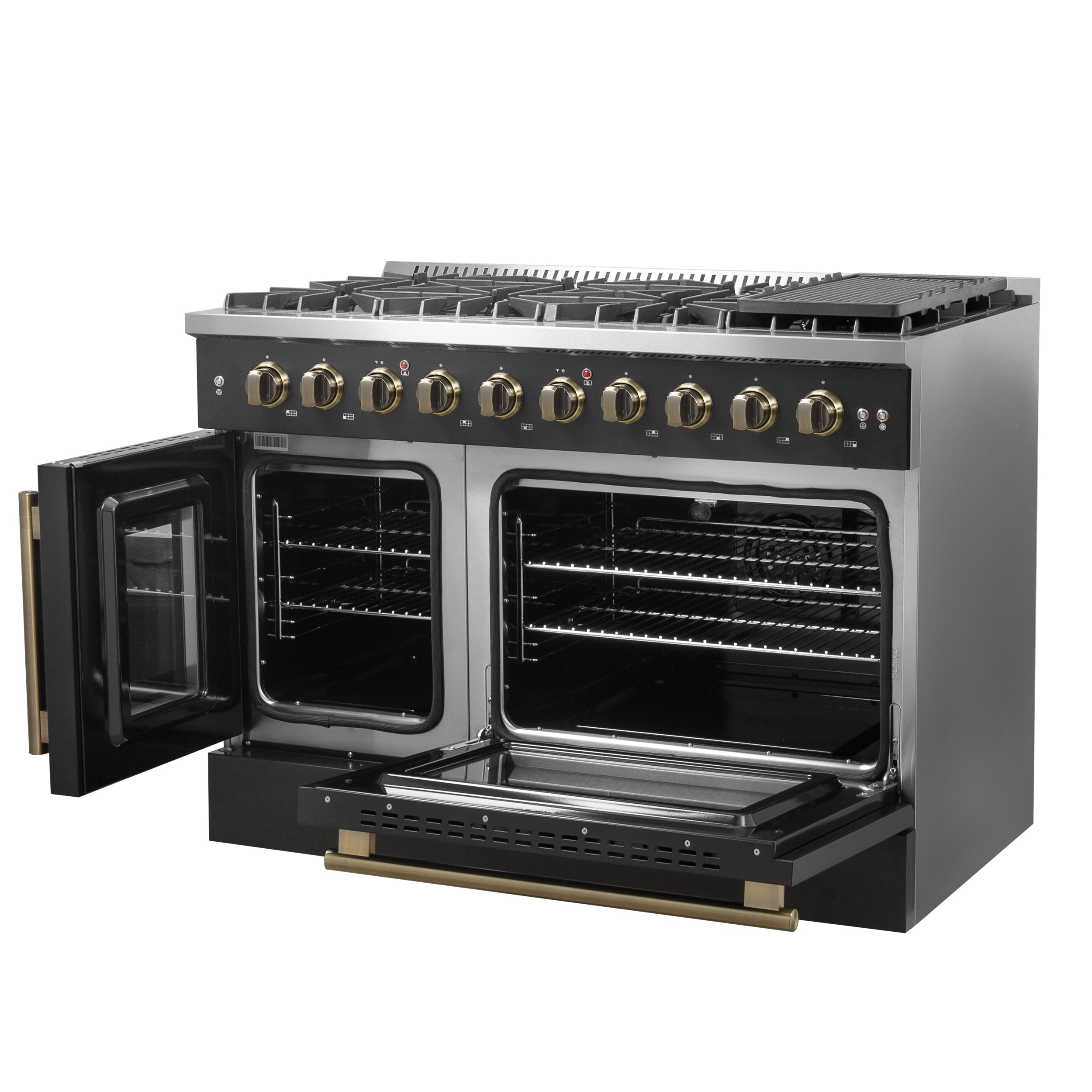 Forno Galiano 48 in. 6.58 cu. ft. 8-Burner Black French Door Gas Range with Antique Brass Accents| FFSGS6444-48BLK
