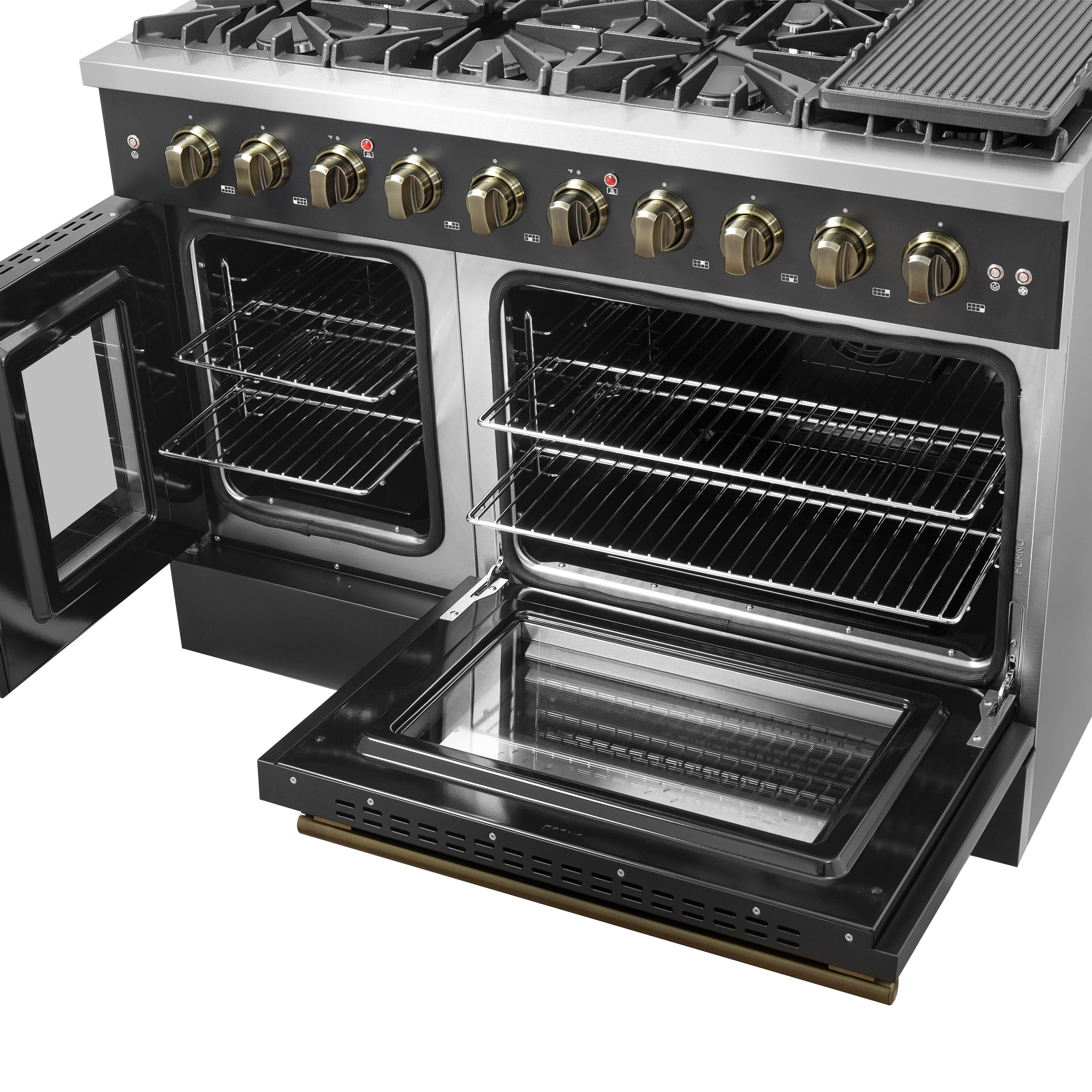 Forno Galiano 48 in. 6.58 cu. ft. 8-Burner Black French Door Gas Range with Antique Brass Accents| FFSGS6444-48BLK