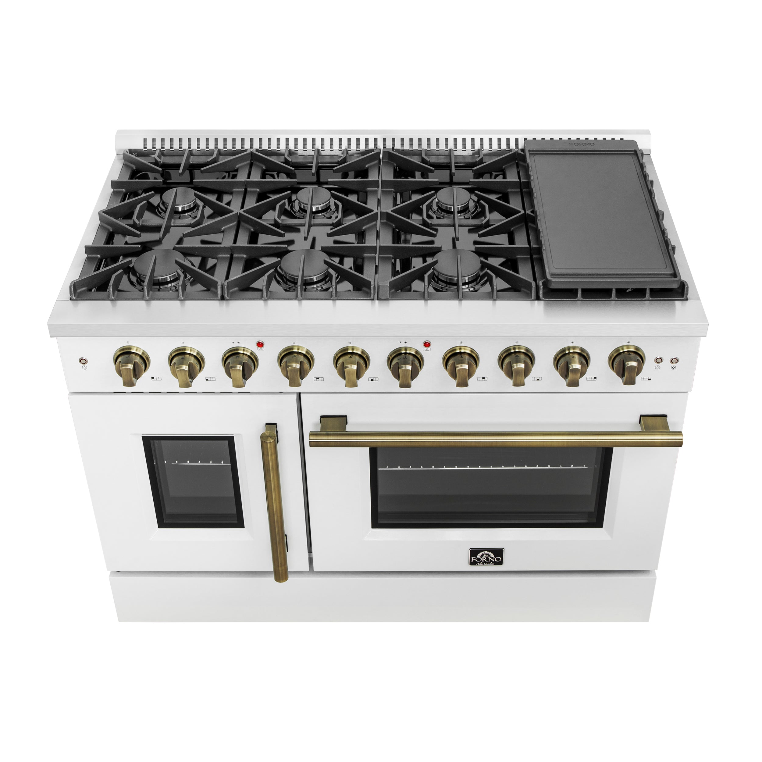 Forno Galiano 48 in. 6.58 cu. ft. 8-Burner White French Door Gas Range with Antique Brass Accents| FFSGS6444-48WHT