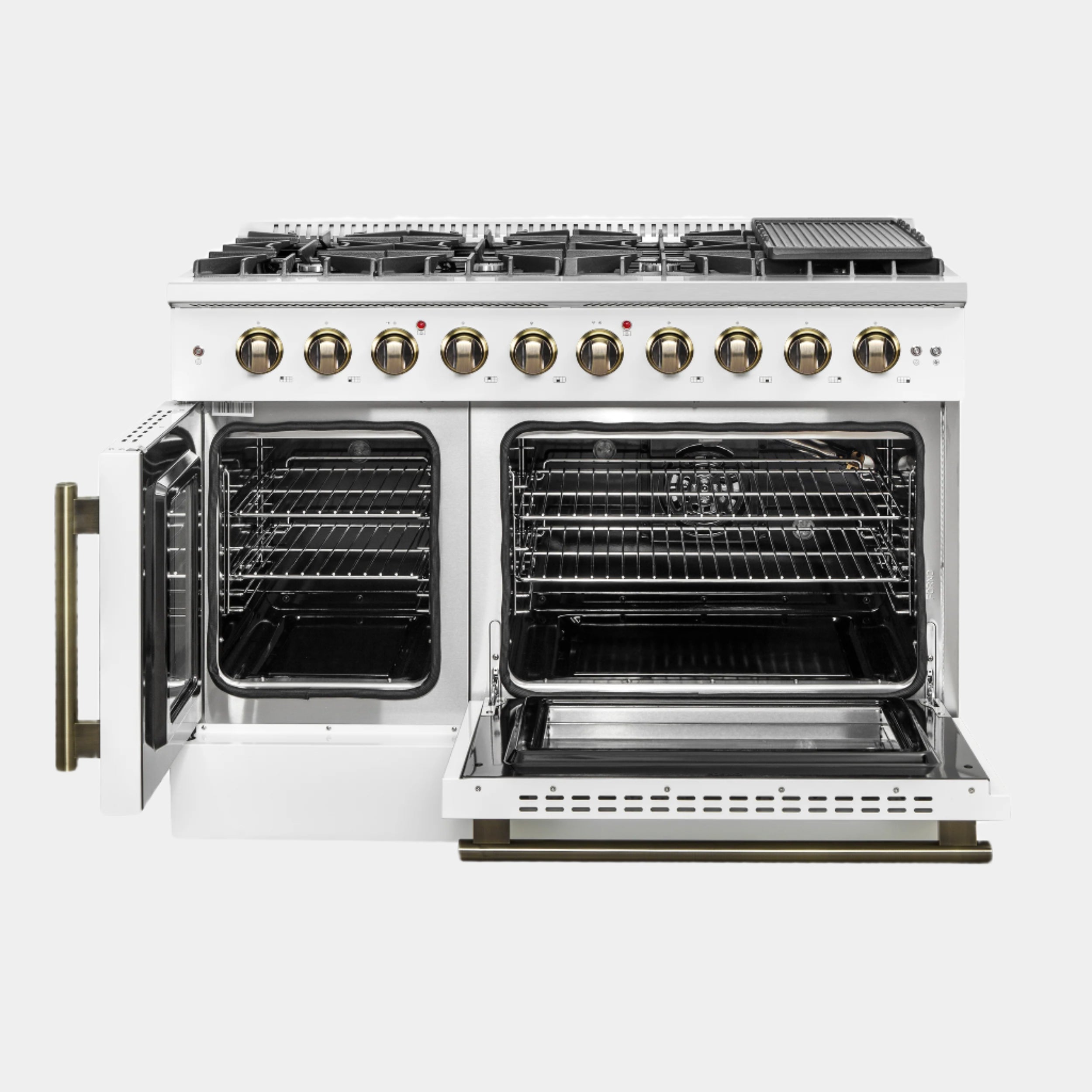 Forno Galiano 48 in. 6.58 cu. ft. 8-Burner White French Door Gas Range with Antique Brass Accents| FFSGS6444-48WHT