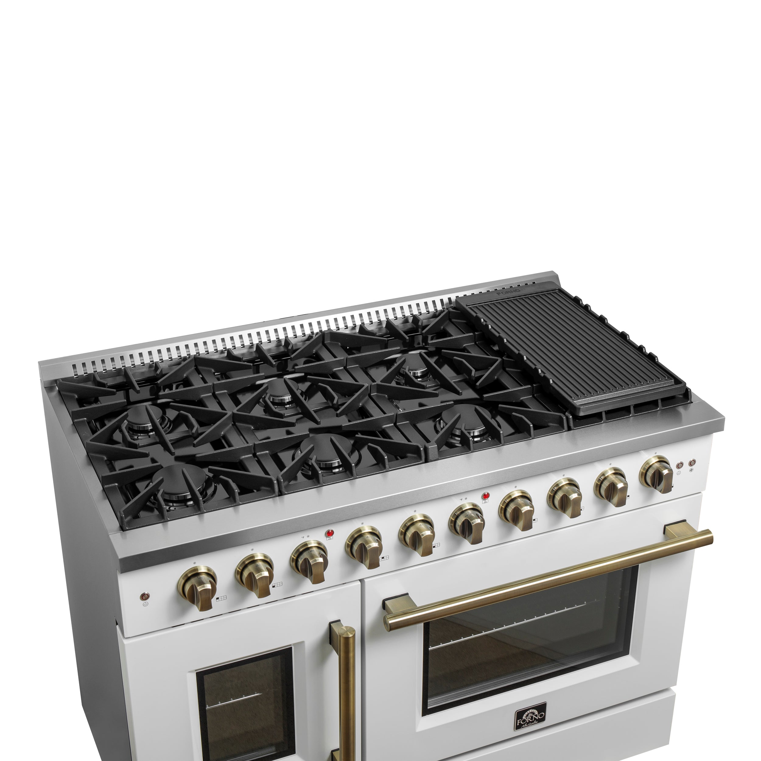 Forno Galiano 48 in. 6.58 cu. ft. 8-Burner White French Door Gas Range with Antique Brass Accents| FFSGS6444-48WHT