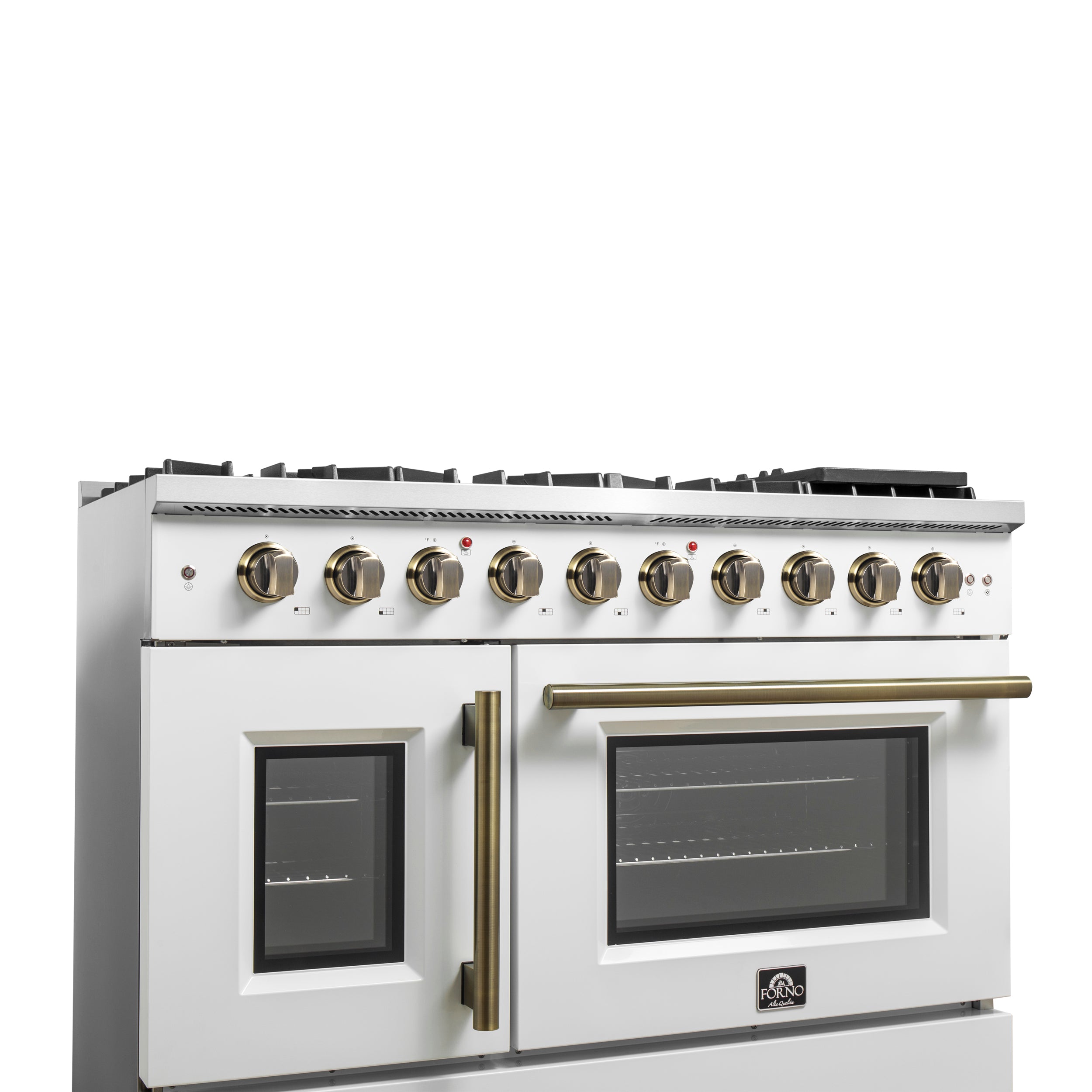 Forno Galiano 48 in. 6.58 cu. ft. 8-Burner White French Door Gas Range with Antique Brass Accents| FFSGS6444-48WHT