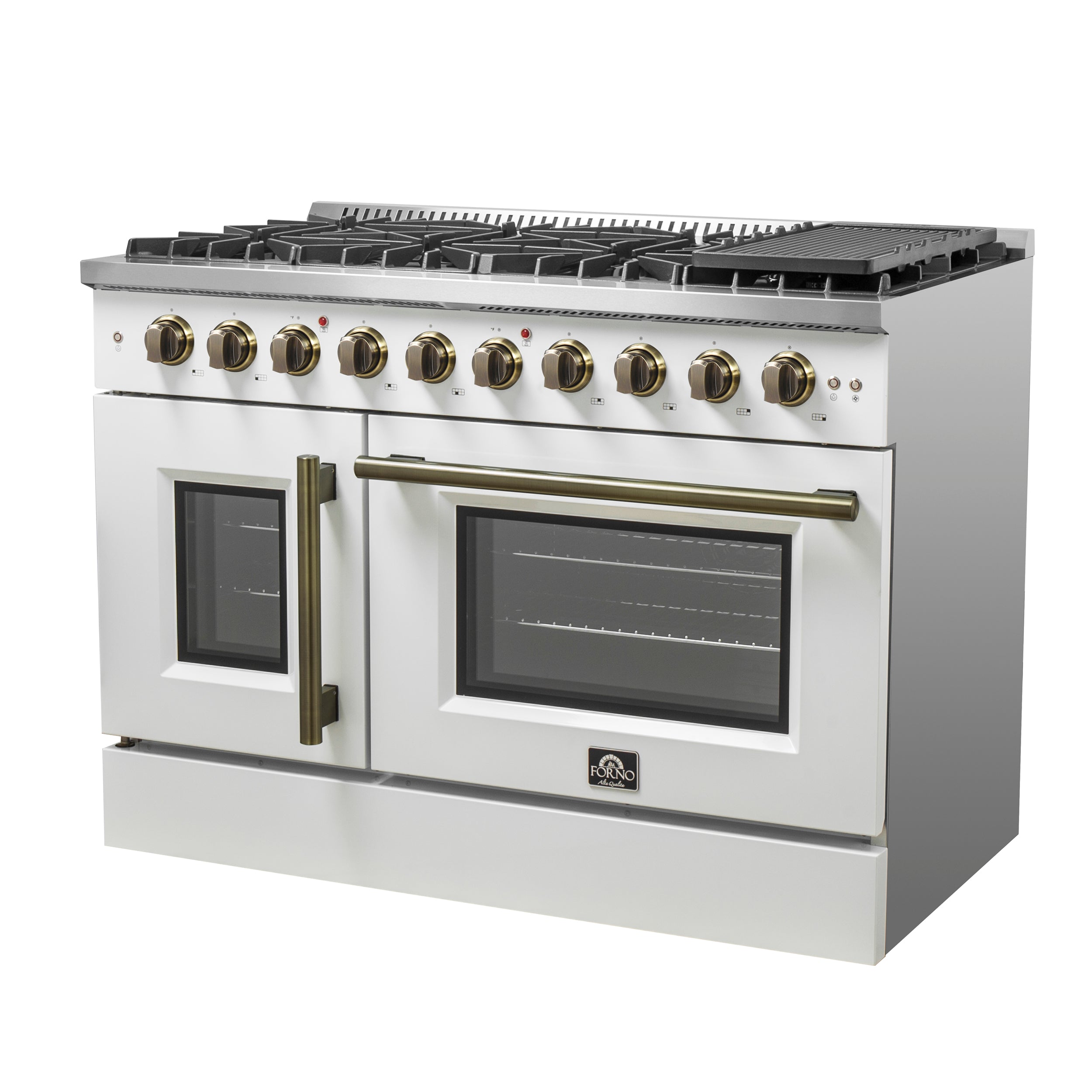 Forno Galiano 48 in. 6.58 cu. ft. 8-Burner White French Door Gas Range with Antique Brass Accents| FFSGS6444-48WHT